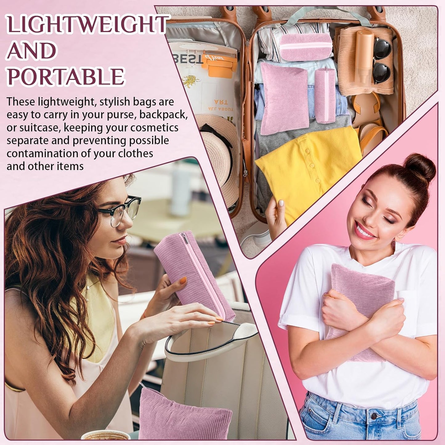 3 Pcs Makeup Bag Set for Women Corduroy Cosmetic Pouch Aesthetic Smile Travel Toiletry Bag Cute Purse Pouch Pencil Case Makeup Brushes Storage Organizer for Christmas(Rose Pink,Solid Style)