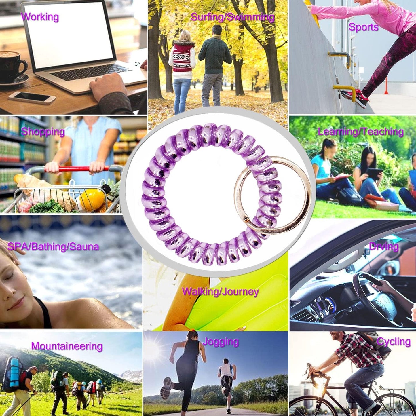 BIHRTC 6PCS Spiral Bracelet Wrist Keychains Elastics Coils Wristband Key Chain Bracelets Plastic Spring Flexible Spiral Wrist Key Chain Keyring for Pool Wallet Id Sauna Sport Badge Hair