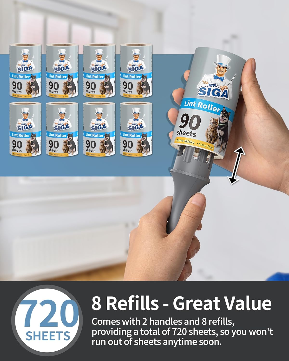 MR.SIGA Lint Rollers for Pet Hair Extra Sticky, 720 Sheets, Lint Remover for Clothing, Furniture, Pet Hair Remover with Easy Tear Sheets