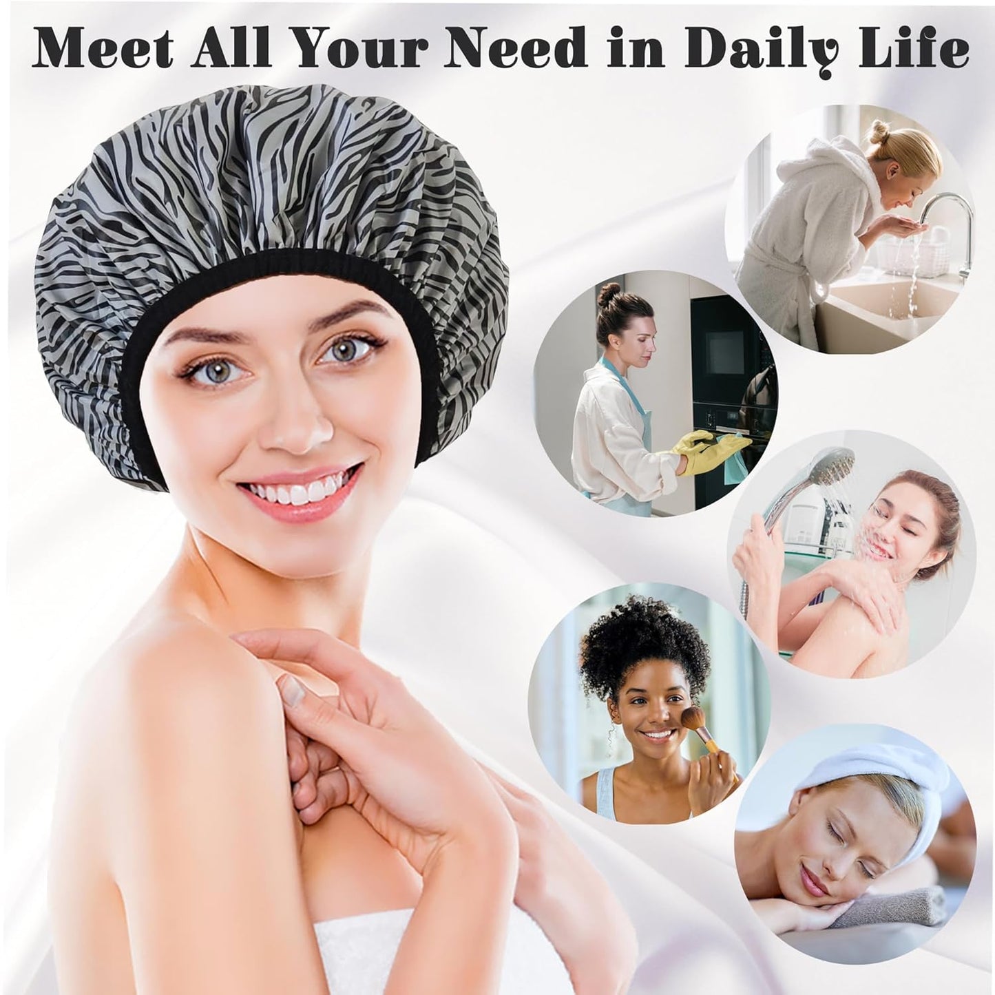 Shower Cap for Women, Shower Caps Reusable Waterproof, Large Plastic Satin Lined Shower Cap for Braids Long Hair
