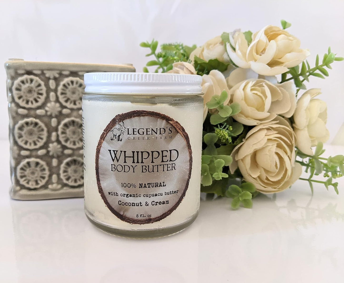 Legend's Creek Farm, Goat Milk Body Butter - Hydrating Natural Body Moisturizer with Organic Shea Butter & Grape Seed Oil - 8 Oz Purifying & Toning Whipped Body Butter (Cupuacu Coconut & Cream)