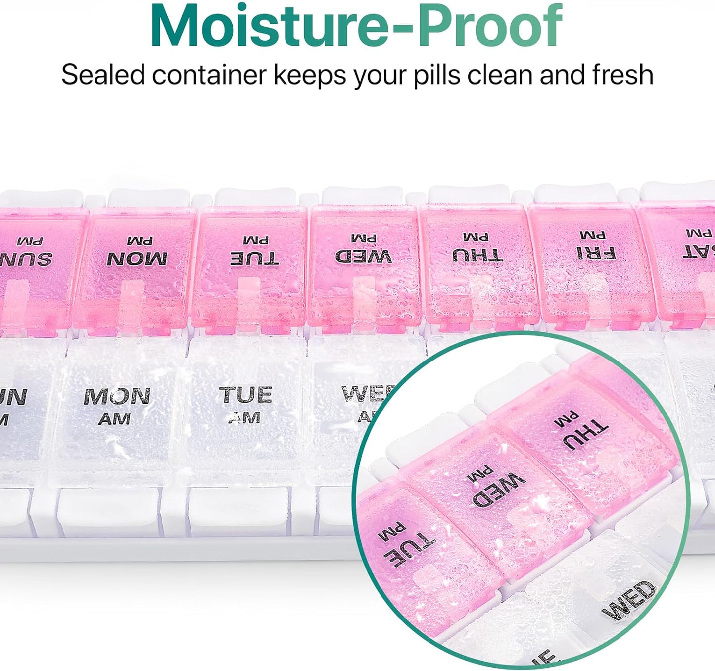 Sukuos AM PM Weekly Pill Organizer 7 Day, 2 Times A Day Medicine Pill Box with Easy Push Button, BPA Free Vitamin Cases for Fish Oil/Supplements (Pink&White)