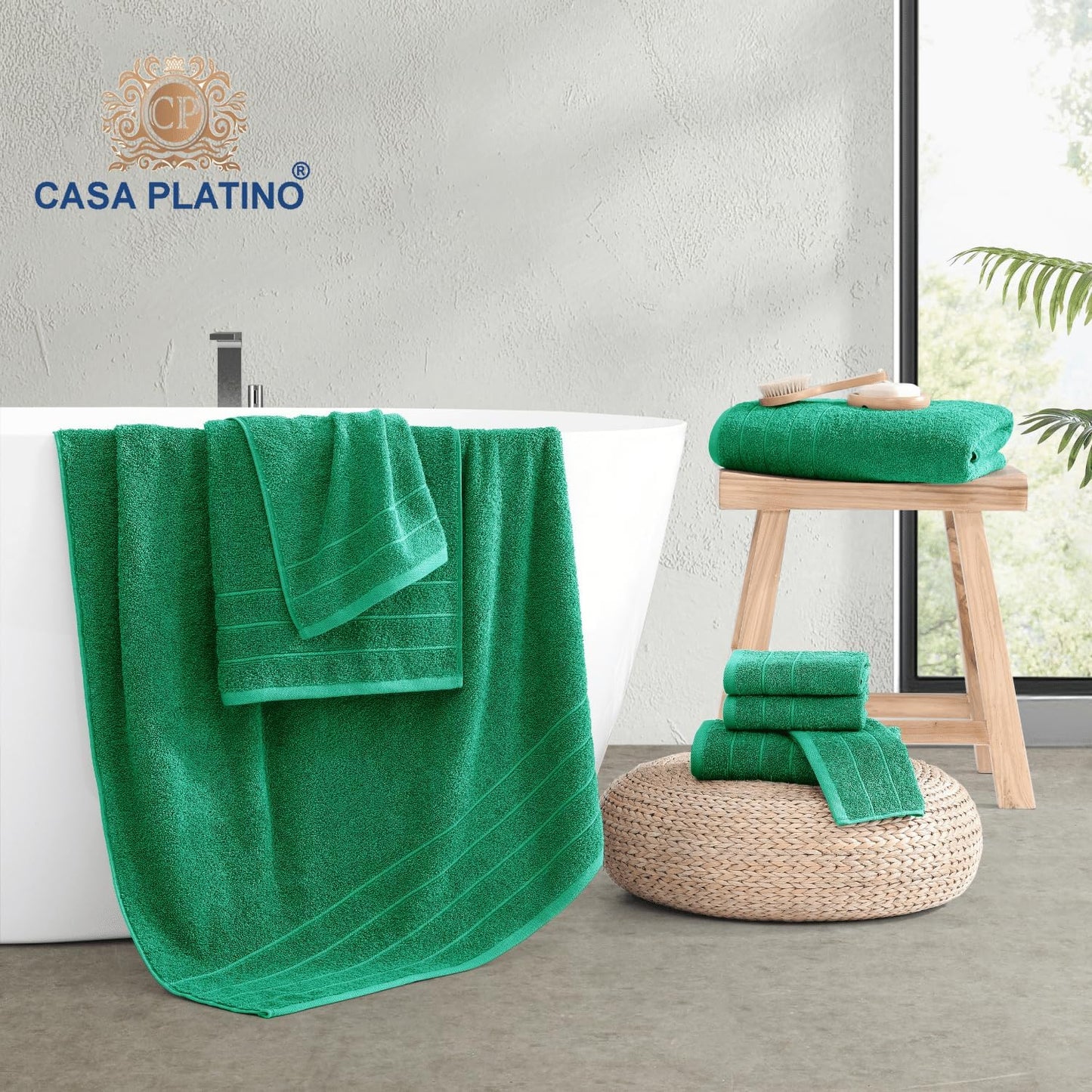Casa Platino 100% Mercerized Cotton Bathroom Towel Set - 8 Pieces, Hotel Quality - Super Soft & Highly Absorbent - Ring Spun - 2 Large Bath Towels, 4 Washcloths, 2 Hand Towels - Family Pack - Emerald