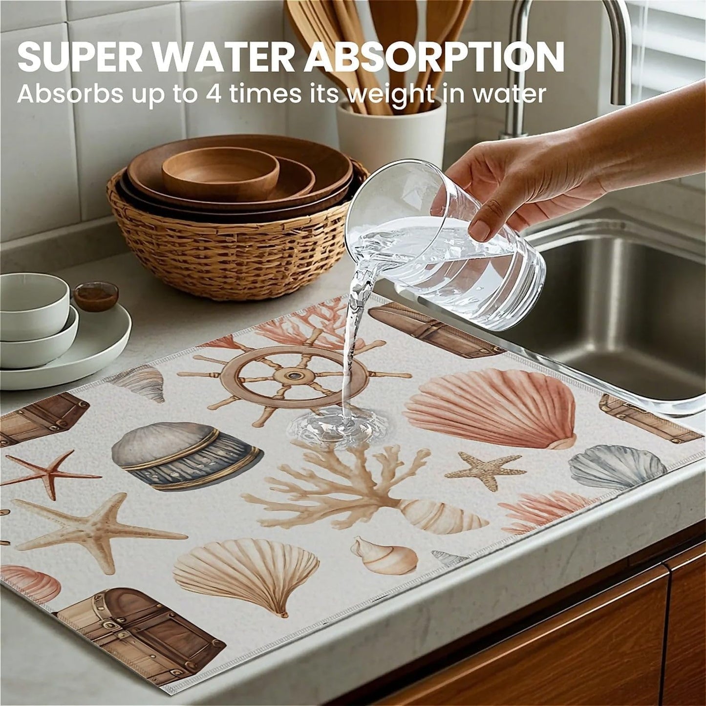 Dish Drying Mat For Kitchen Counter, Seashells Starfish Coastal Microfiber Absorbent Dish Drainer Rack Pad Reusable Large 18x24in Drying Mat