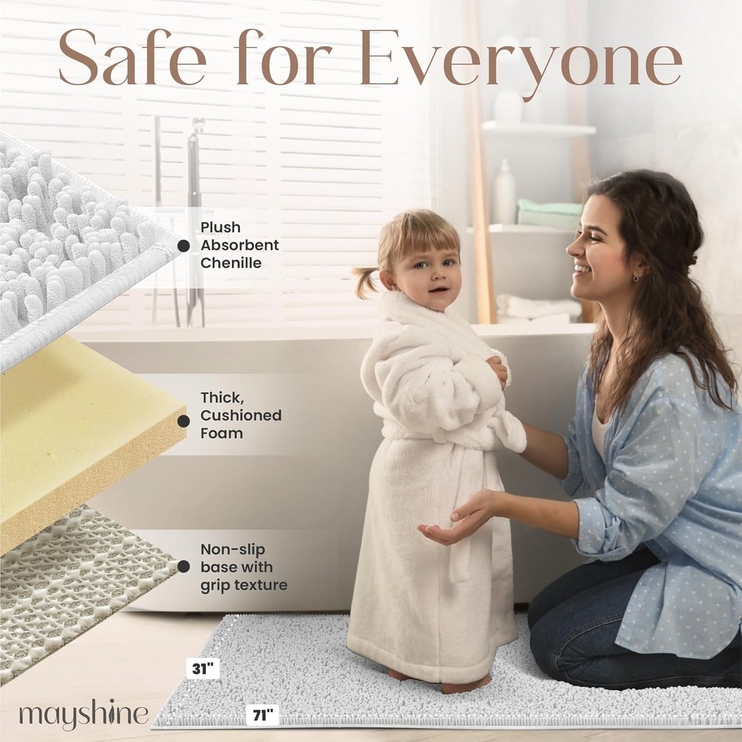 MAYSHINE Plush Shaggy Chenille Bath Mat | Extra Soft, Super Absorbent, Non-Slip Bathroom Rug | Fluffy Microfiber, Area Rug Sets for Bathroom Floor, Kitchen, Living Room | 71"x31" | White