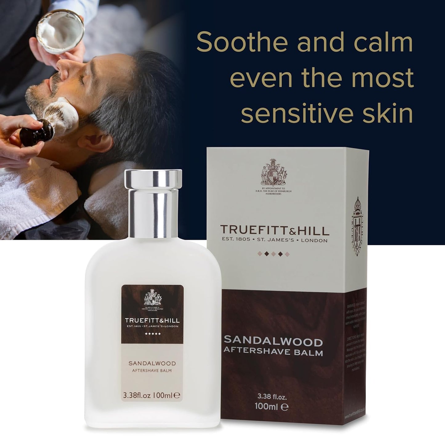 Truefitt & Hill Luxury Aftershave Balm - Sandalwood - Premium Soothing Moisturizer with Aloe Vera Extract - Ideal for Sensitive Skin, Razor Burn Relief, and a Silky Smooth Finish - 3.38 oz.