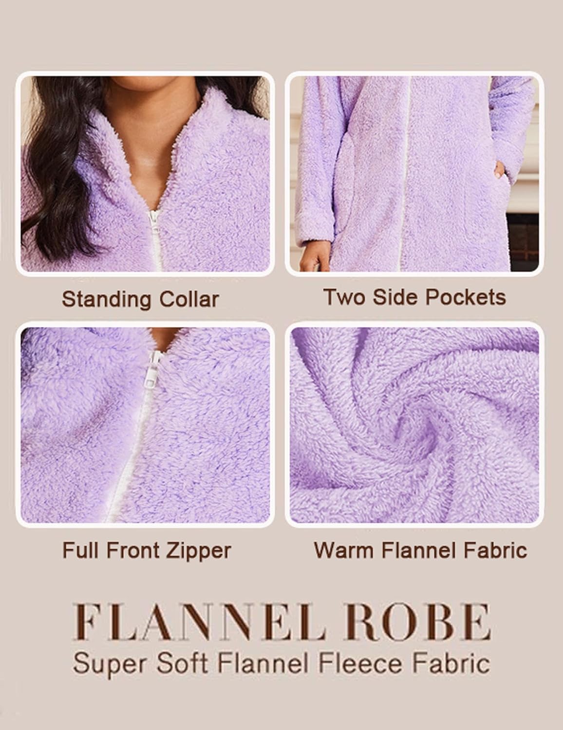 Ekouaer Women's Zip Up Robe Fleece Bathrobe Long Zipper Lounger Warm Housecoat Long Sleeve Nightgown with Pockets S-XXL