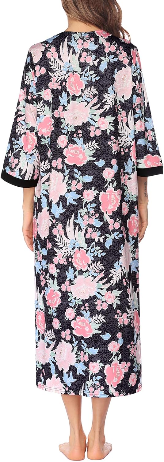 Ekouaer Women Zipper Robe 3/4 Sleeves Loungewear Dress Full Length Sleepwear Pockets Housecoat Nightgown Long Bathrobe