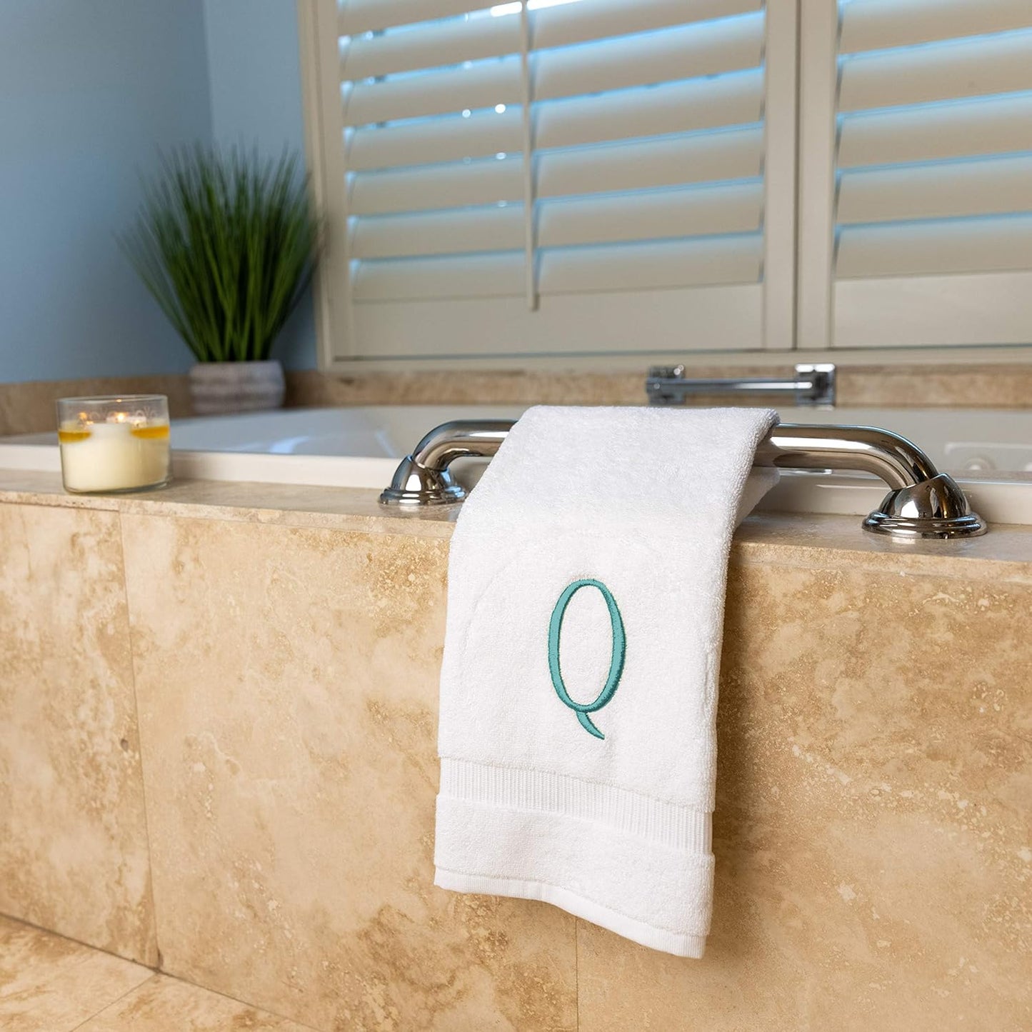 White Powder Room Hand Towel - Monogram Initial Hotel Quality Decorative Embroidered Luxury Towel for Spa - GOTS Organic Certified - Set of 2 Teal Letter Q
