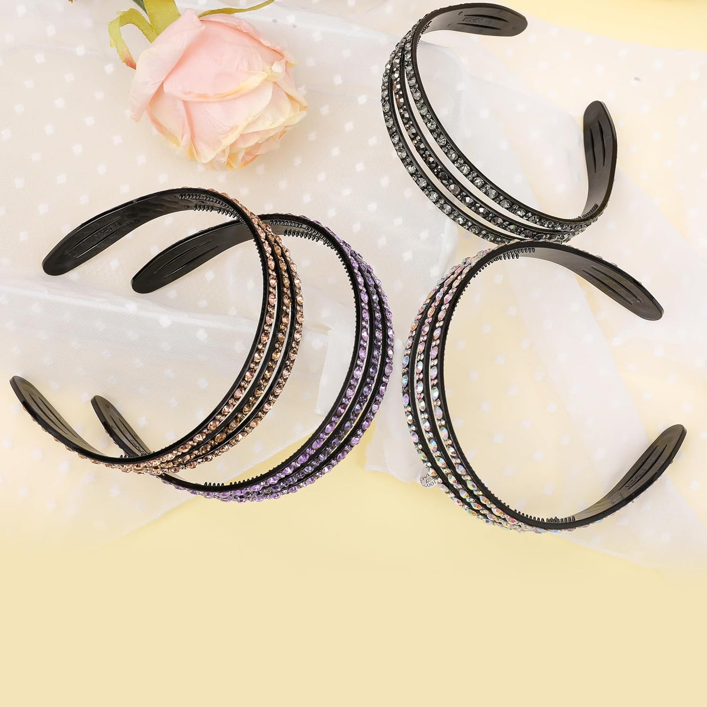 Rhinestone Headbands for Women Girls Sparkle Wide Headband with Teeth Fashion Non Slip Hairbands Comfort High Elastic Plastic Hair Hoop Bling Hair Accessories with 4PCS