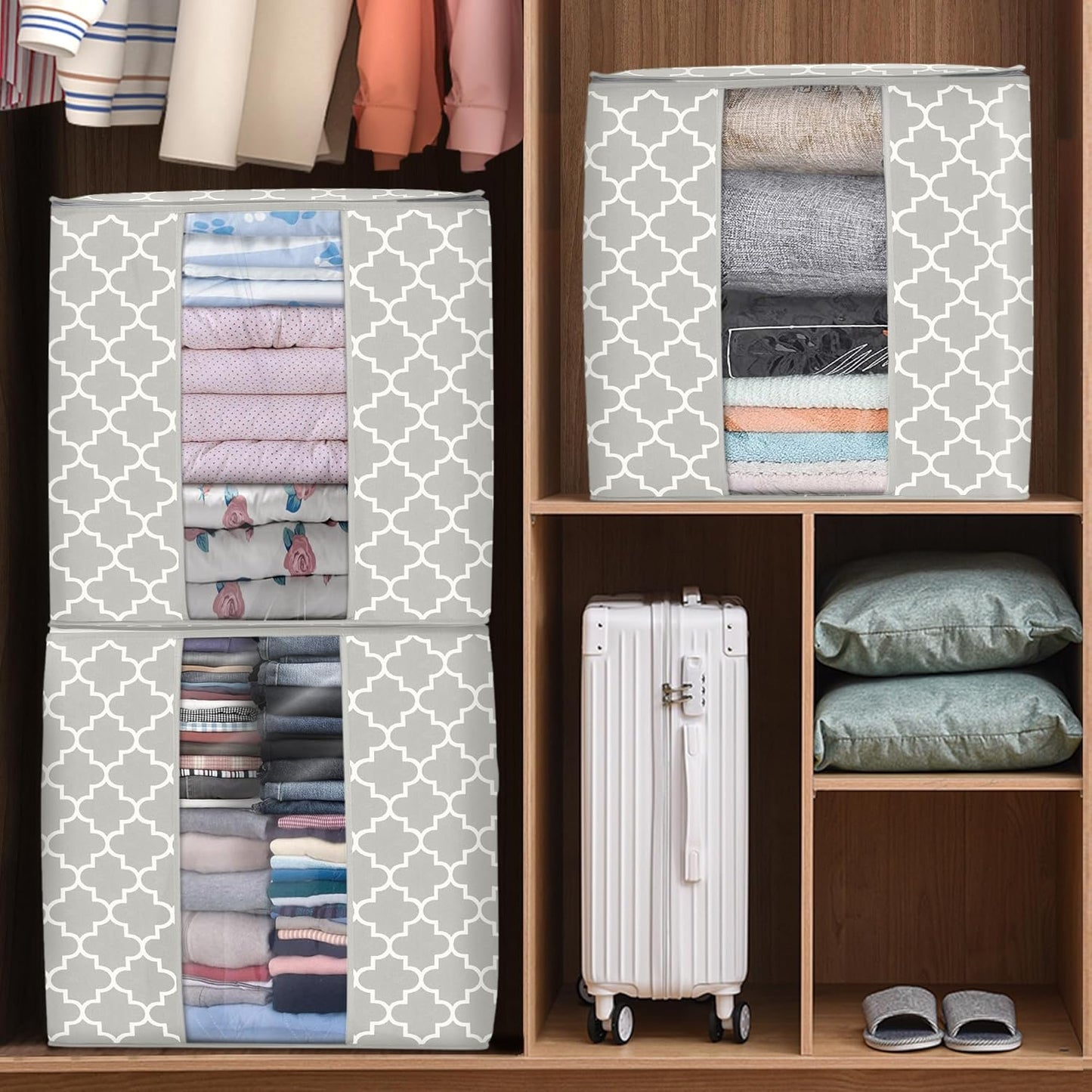 WISELIFE Storage Bags 6 Pack/100L Large Blanket Clothes Organization and Storage Containers for Comforters,Bedding, Foldable Organizer with Reinforced Handle, Clear Window, Sturdy Zippers,Lvory