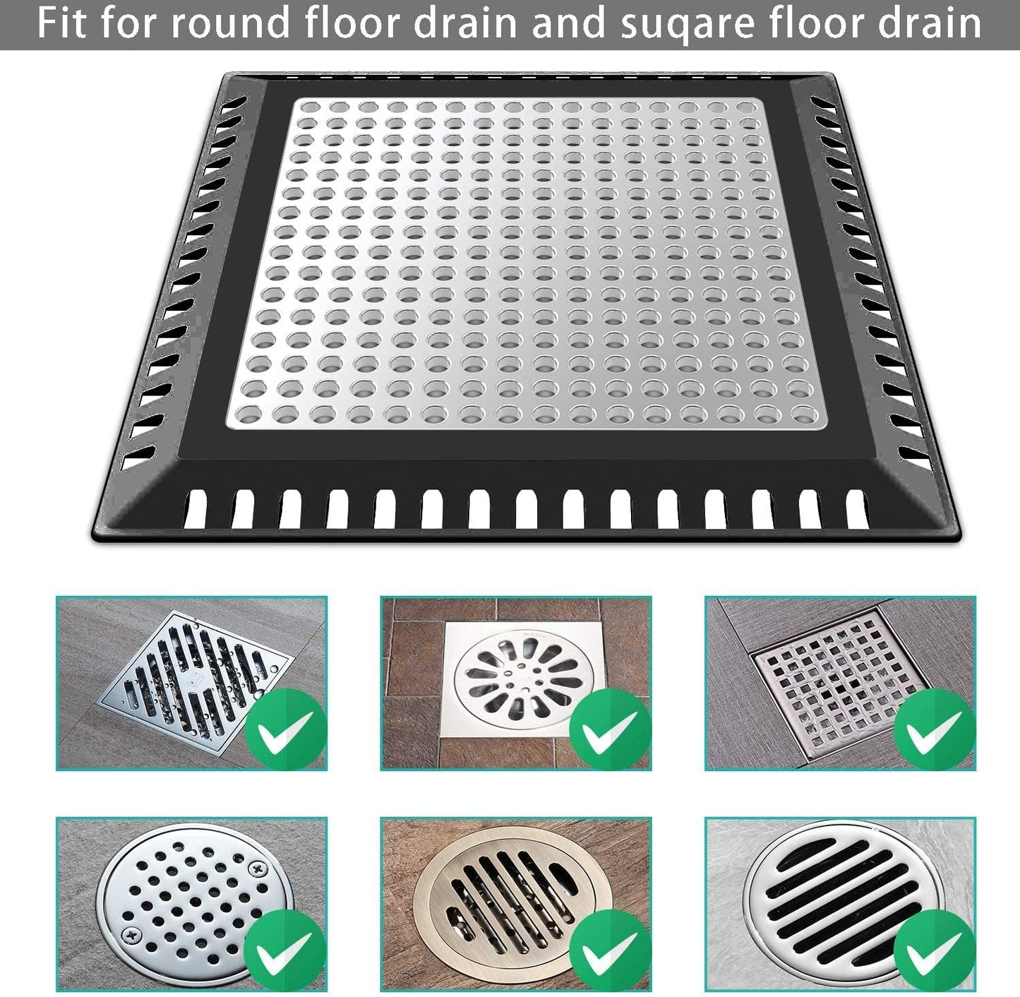 Shower Drain Hair Catcher/Drain Strainer/Shower Drain Cover for Bathroom Floor Drain, Stainless Steel and Silicone (6 inch, Black)