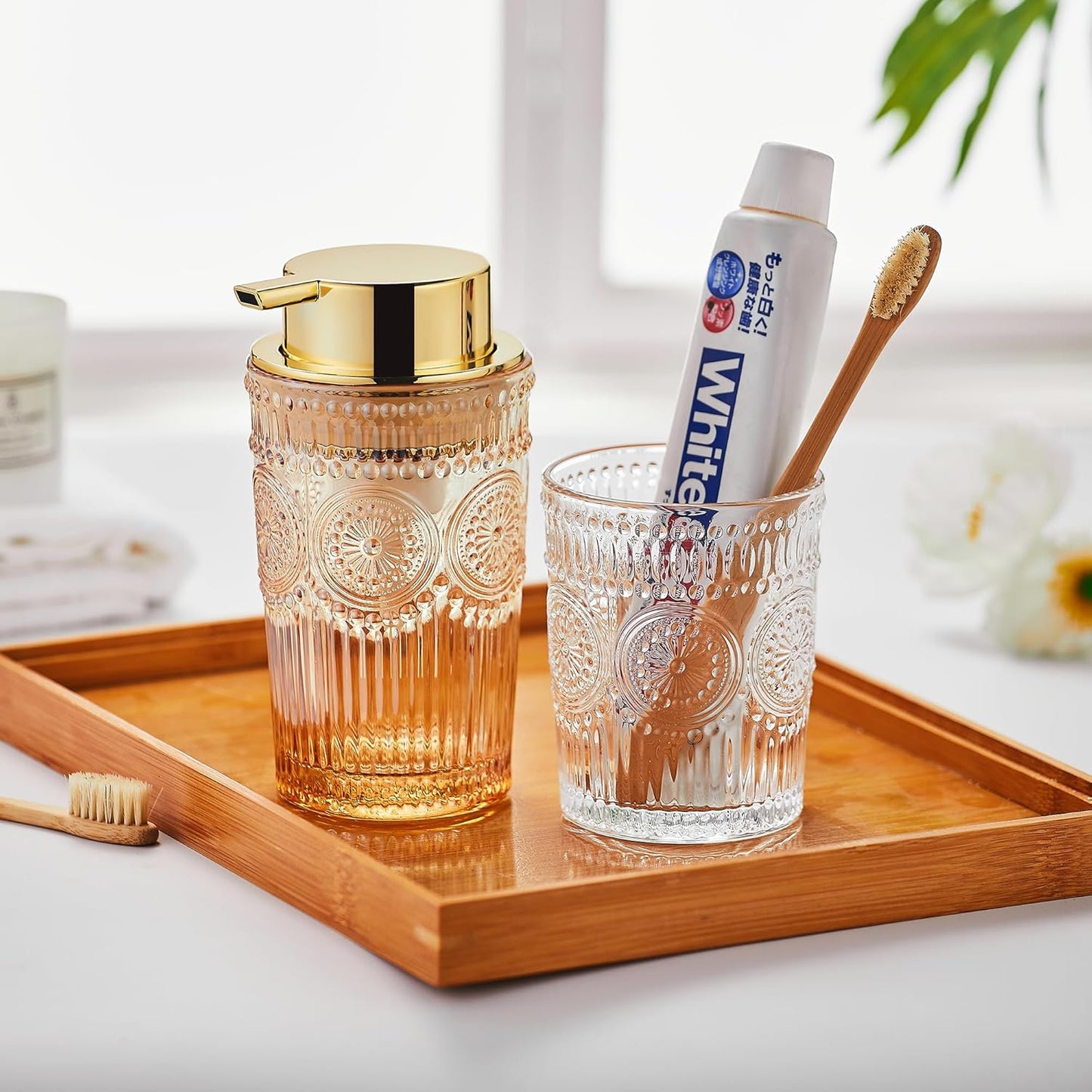 Foaming Hand Soap Dispenser, Glass Foam Soap Holder, Refillable Lotion Dispenser (L-Gold-Foaming)