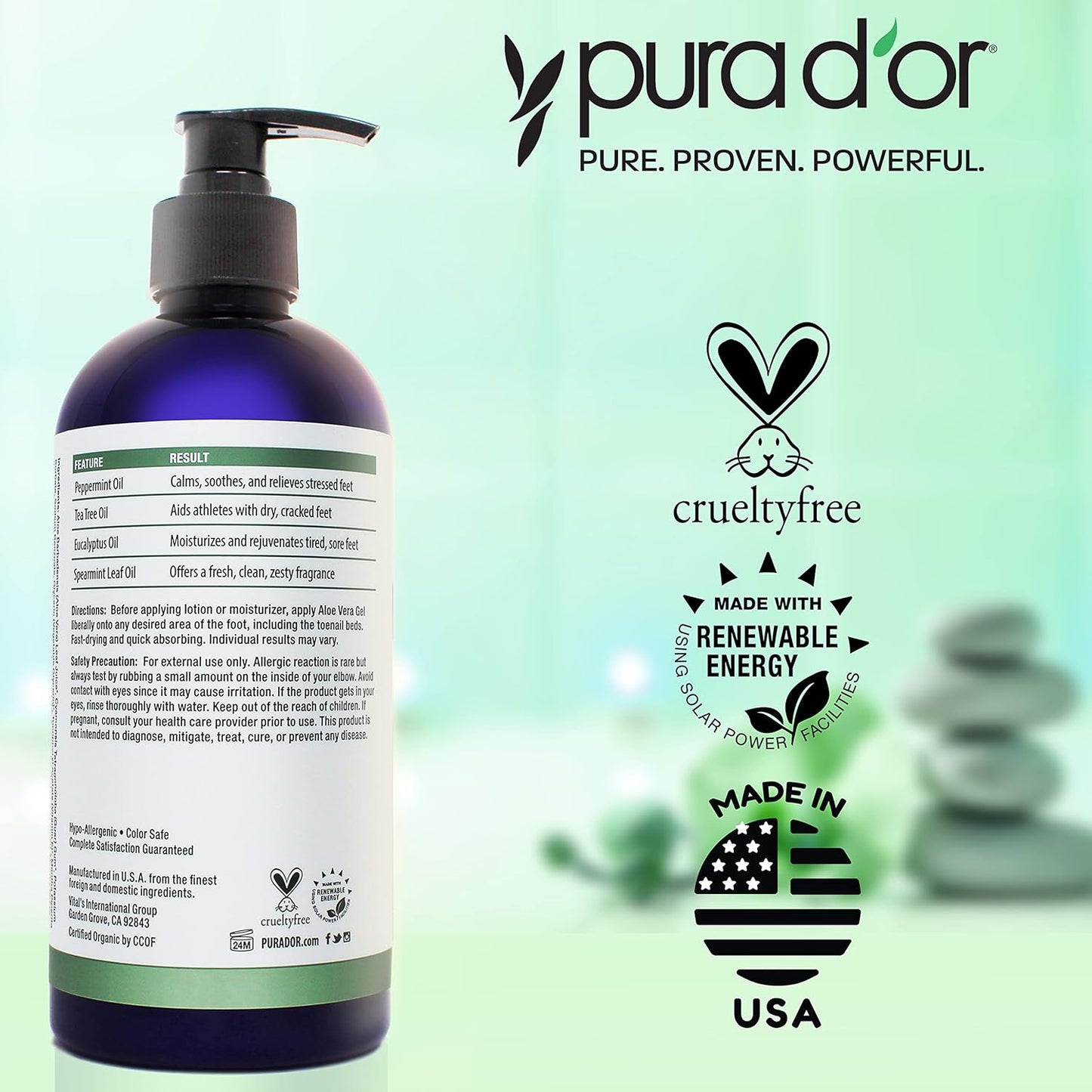 PURA D'OR 16 Oz FootFocus Organic Aloe Vera Gel For Severe Cracked Heel Repair Foot Care Products - Soothes Sore Feet Extra Strength Feet Care - Vitamin E, Peppermint, Tea Tree & Eucalyptus Oil