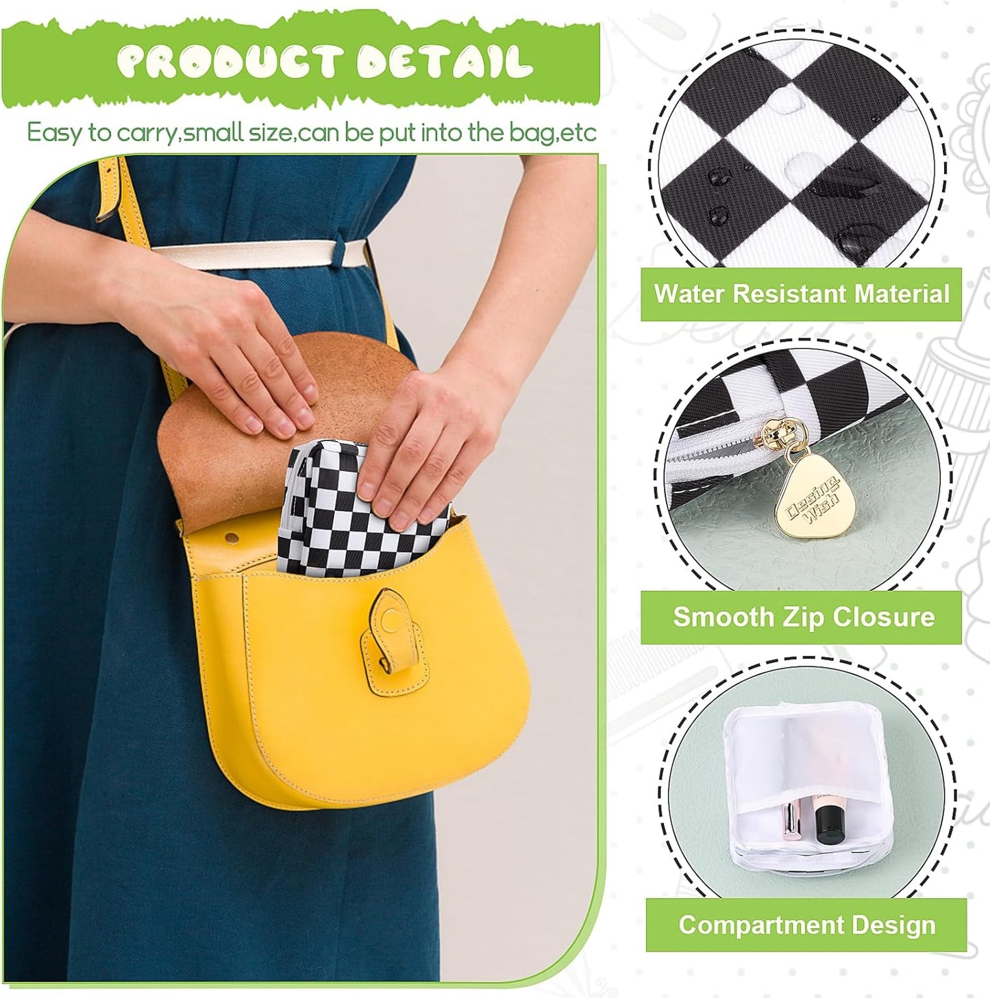 Desing Wish Sanitary Pad Storage Bag Portable Period Bag for Teen Pads/Sanitary Napkins/Small Tampons, Sanitary Napkin Storage Bag First Period Gifts for Teen Girls (Black-white Check)