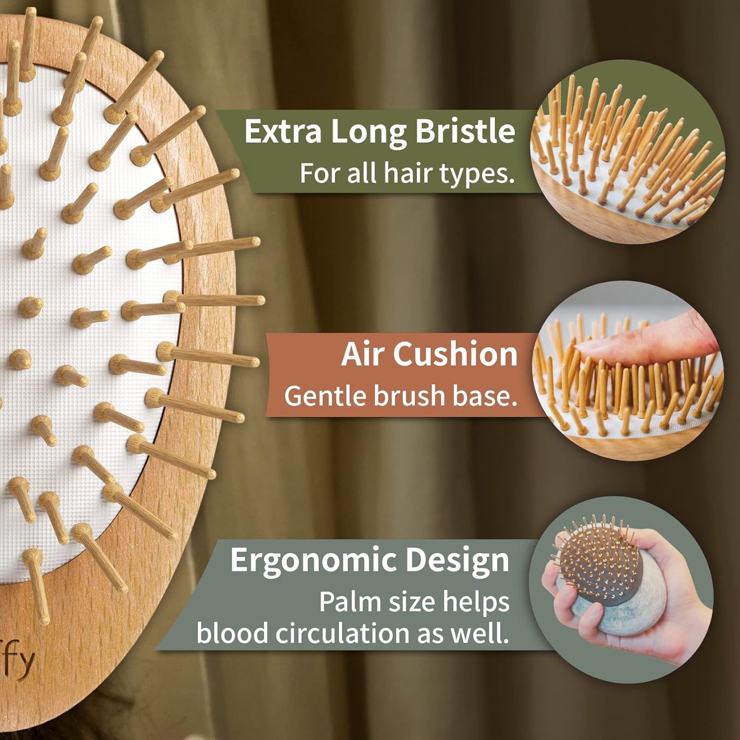 Uffy Acubrusher – Bamboo Bristle Gua Sha Hair Brush - Ergonomic Scalp Massager for Dandruff & Hair Growth, Suitable for All Hair Types - Ideal Gift Choice in Beech Wood