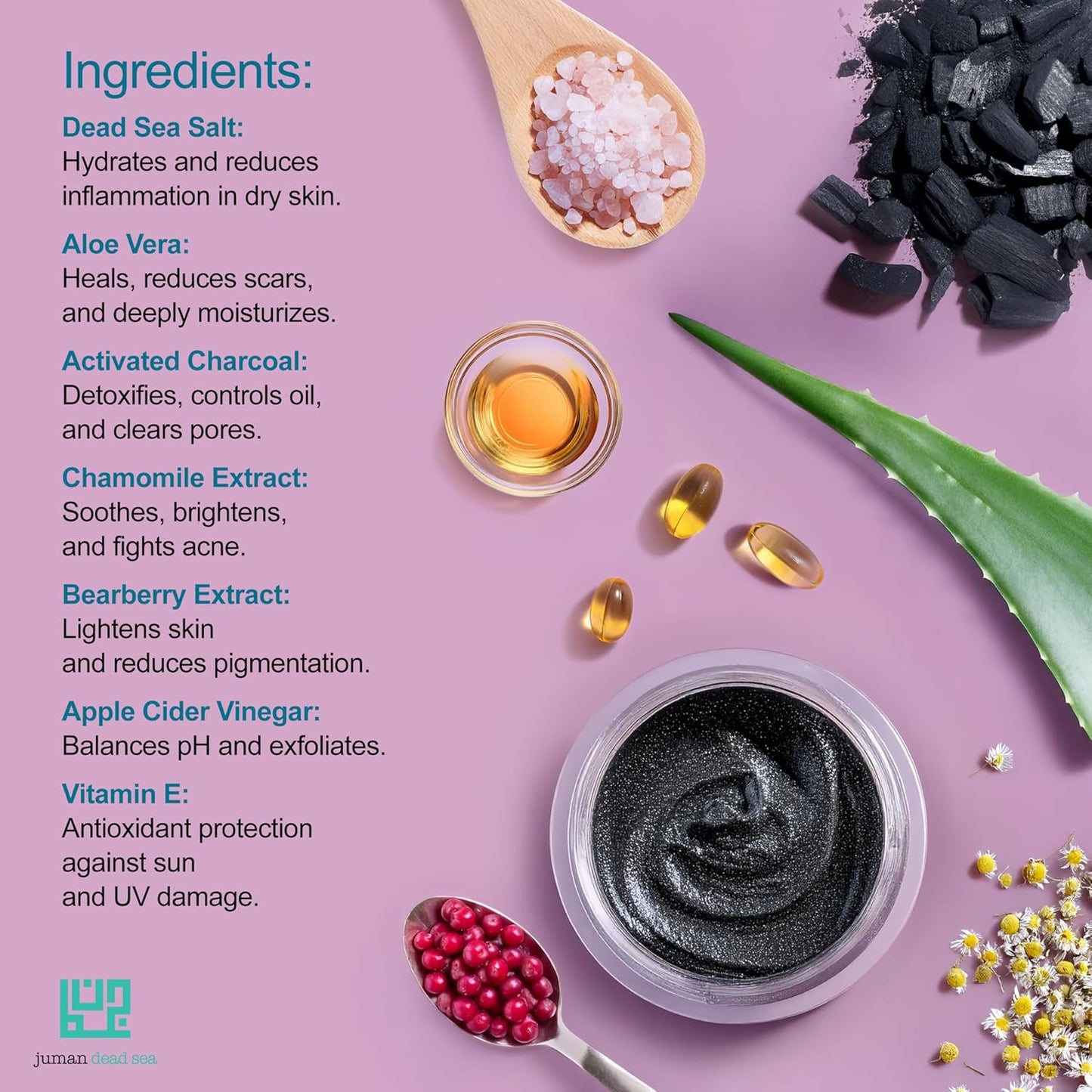 Juman Dead Sea Minerals Activated Charcoal Body Scrub with Chamomile Extract | Detoxifies and Renews Skin | SlS & Paraben Free | Vegan | 11.46 Oz