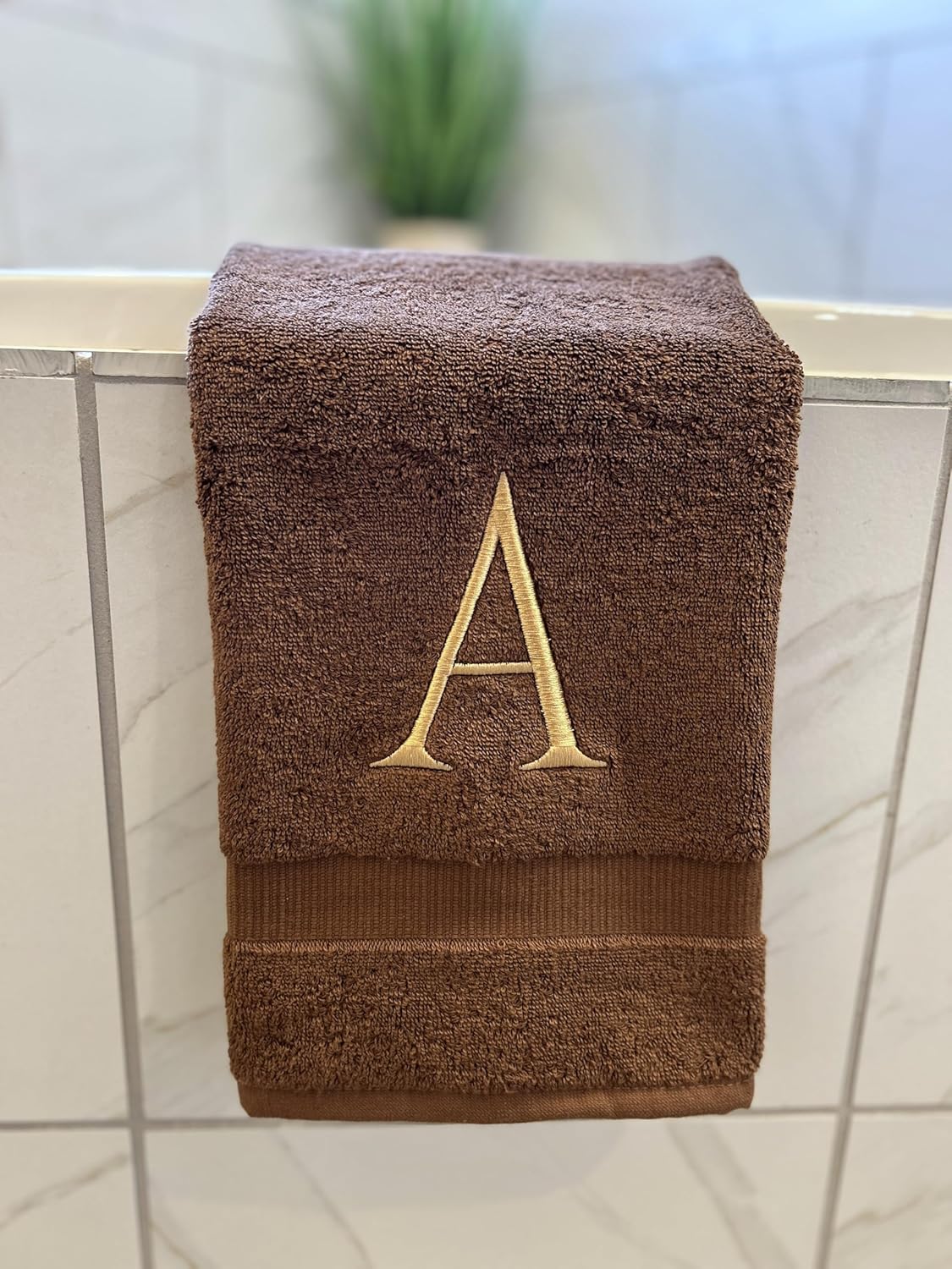 Brown Initial Hand Towel for Bathroom - Monogrammed Luxury Hotel Quality Decorative Embroidered Towel for Powder Room, Spa - GOTS Organic Certified - Set of 2 Beige Letter V