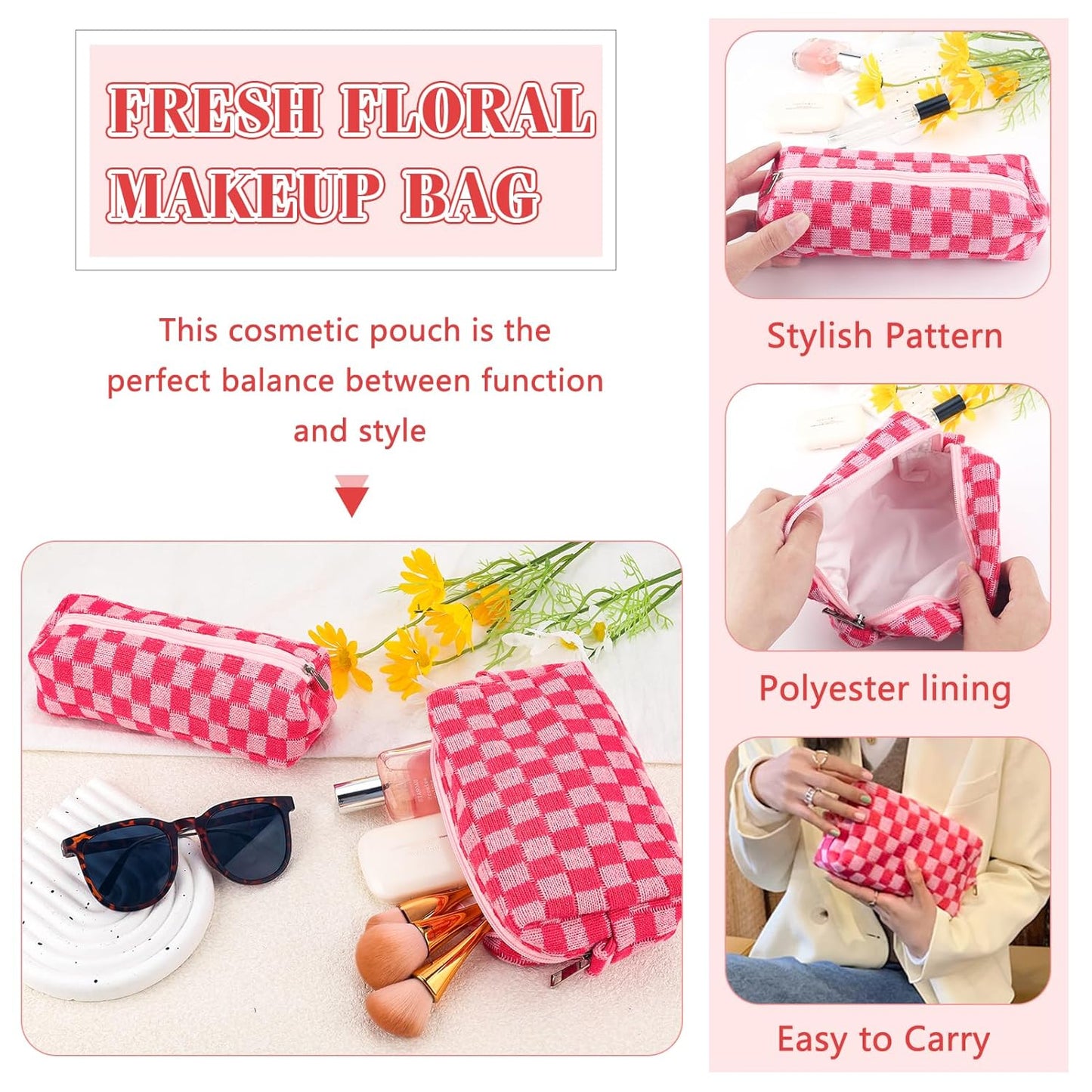 2Pcs Checkered Pencil Case Cute Pencil Pouch for Teens Checkered Makeup Bag Travel Cosmetic Bag Set Cute Makeup Pouch for Purse Portable Zippered Skincare Bags Preppy Toiletry Bags Organizer(Pink)