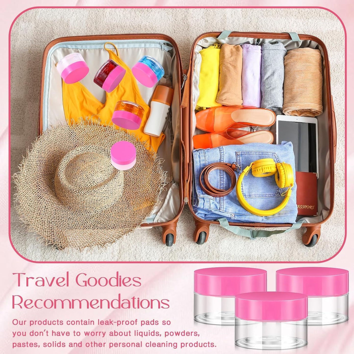 SATINIOR 12 Pack 1 oz Plastic Container Jars with Lids Round Clear Travel Cosmetic Container Slime Jars for Toiletries, Lotion, Cream, Ointments, Makeup, Rhinestone, Samples, Kitchen Storage(Pink)