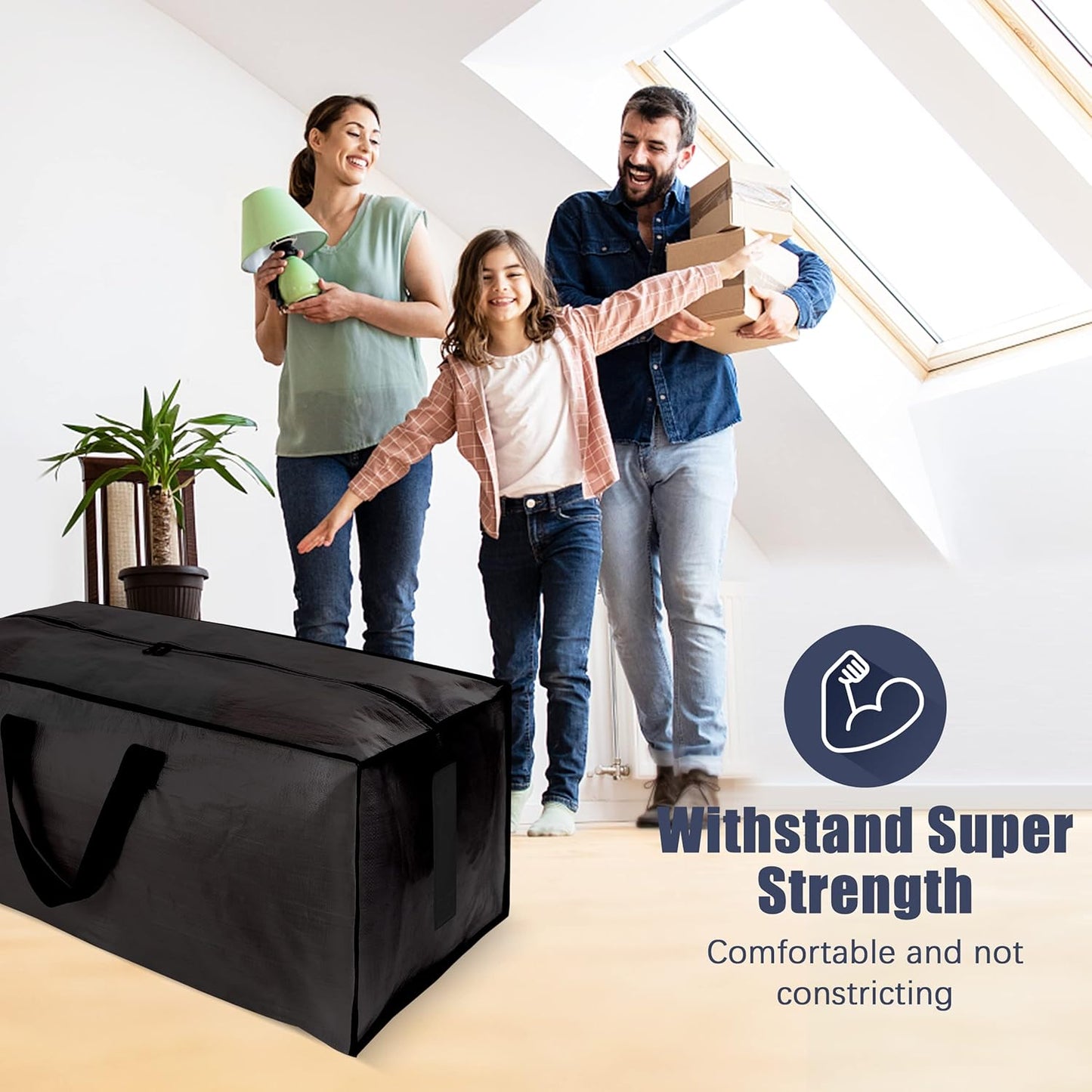 4 Pack Large Strong Moving Bags with Zippers & Carrying Handles - Water-Resistant - Heavy Duty Storage Tote for Space Saving Moving Storage, Fold Flat, Alternative to Moving Box (Black)