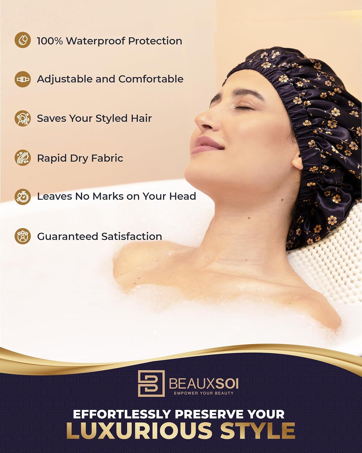 Luxury Reusable Shower Cap for Women - Satin Lined, Adjustable & Waterproof - Keeps Hair Dry- Durable Hair Bonnet by BEAUXSOI (Fleur de Nuit) - Floral design