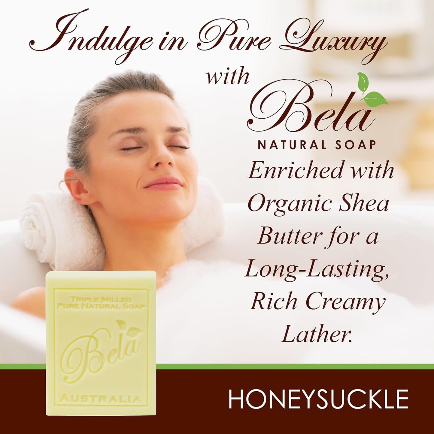 BELA Pure Natural Soap - Honeysuckle Scent - 3.3 oz Pack of 6, Long Lasting Triple Milled French Soap Enriched with Organic Shea Butter, Rich Creamy Lather, Made in Australia