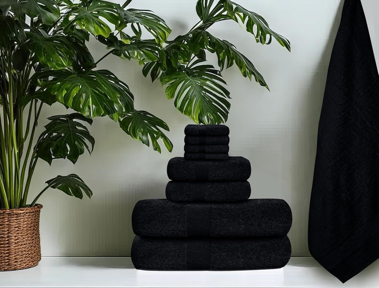 Luxury 8 Piece Towel Set, 2 Bath Towels 2 Hand Towels 4 Washcloths, Towels for Bathroom, Home, Spa & Gym - Highly Absorbent Ultra Soft Quick-Dry (Black)