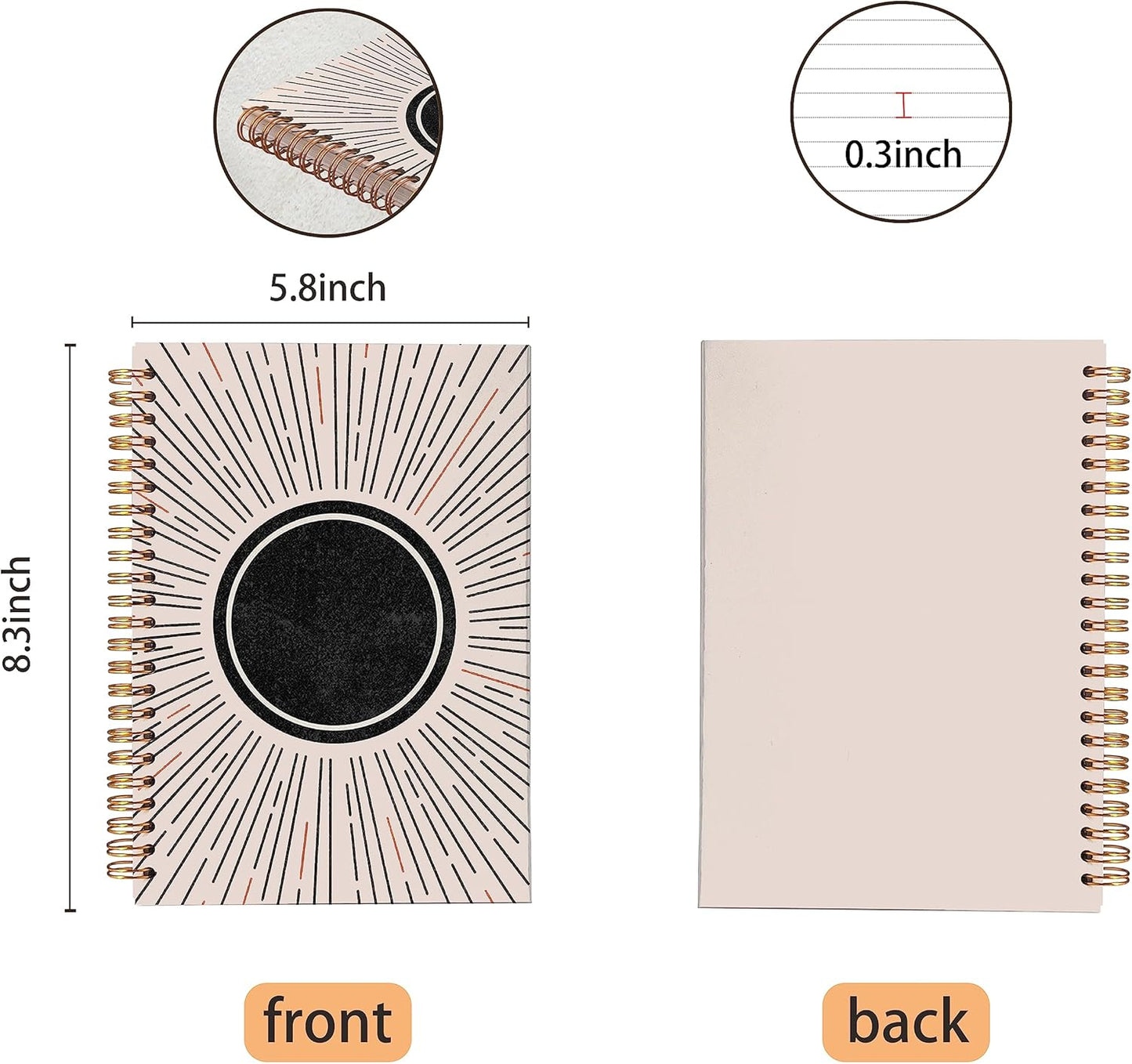 VNWEK Abstract Boho Black Sun Sunshine Sunray Sunburst Spiral Notebook Journal 5.5 x 8.3 inches,Boho Lined Hardcover Spiral Notebook,Boho Gifts for Women Teen Girls Teens