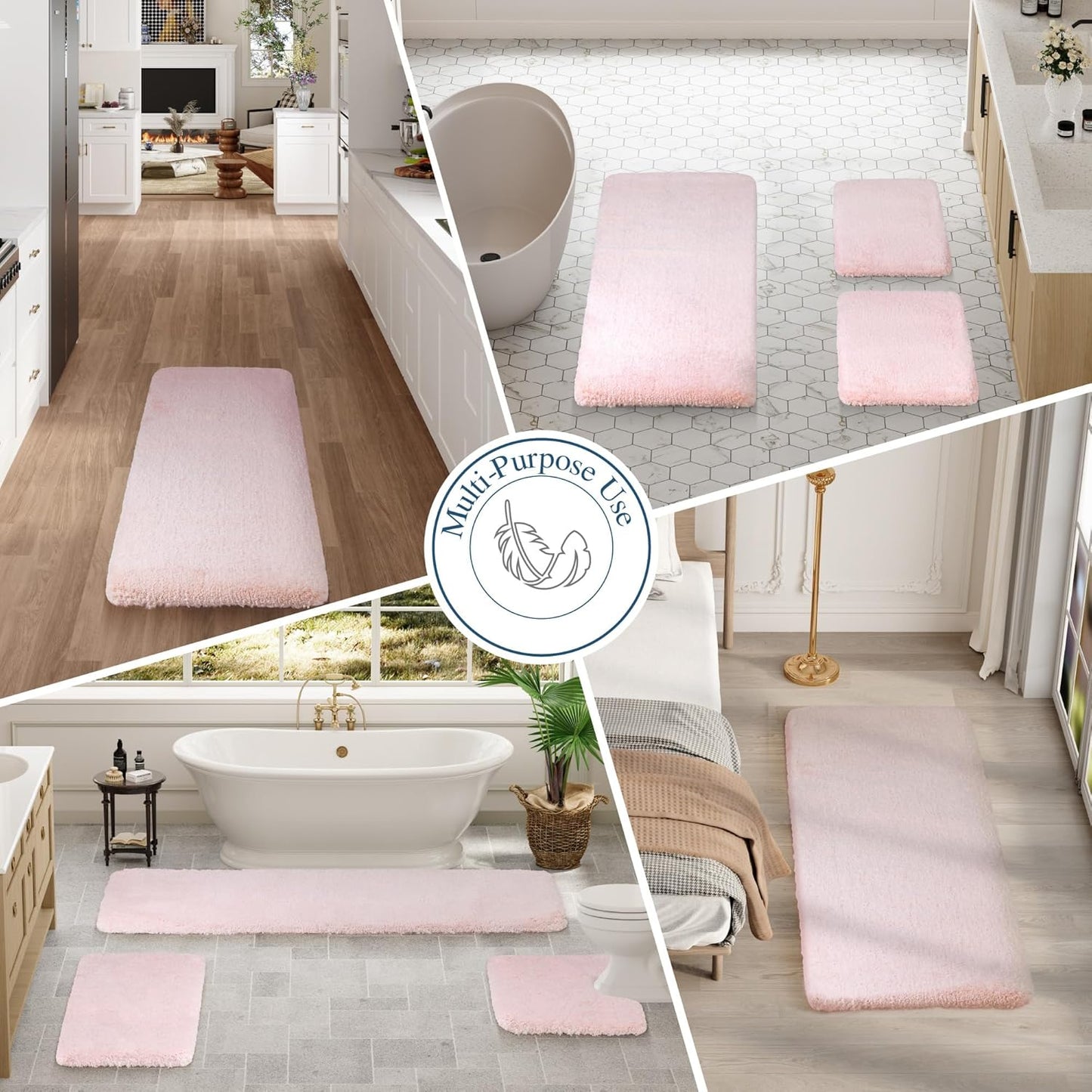 Walensee Large Shaggy Bath Mat (24 x 48, Blush) Non-Slip, Machine Washable, Extra Soft & Absorbent Microfiber Luxury Floor Mat