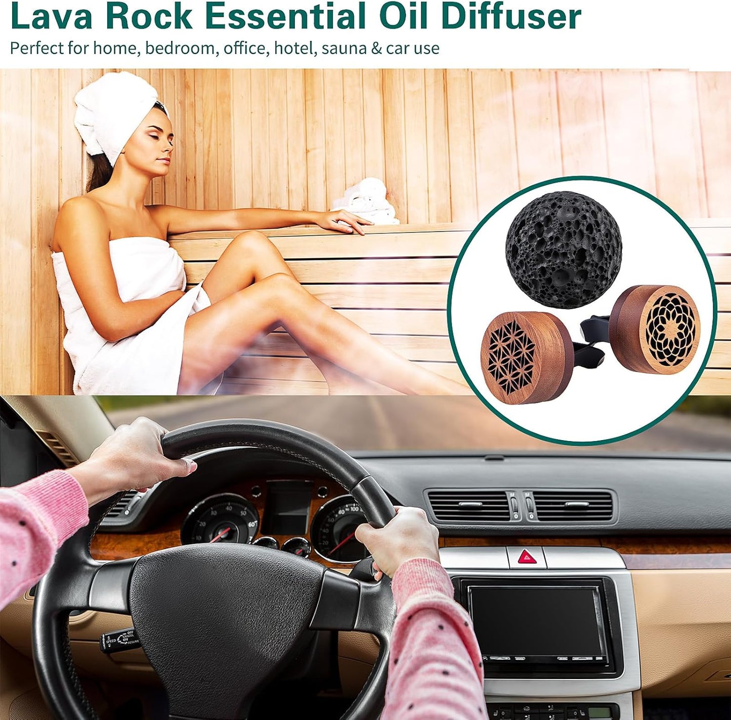 3 Pcs Lava Rock Essential Oil Diffusers -1 Spherical Lava Stone Passive Diffuser and 2 Wooden Car Diffusers for Essential Oils, Passive Diffuser for Sauna Room, Home, Office, Bedroom, Bathroom, Car