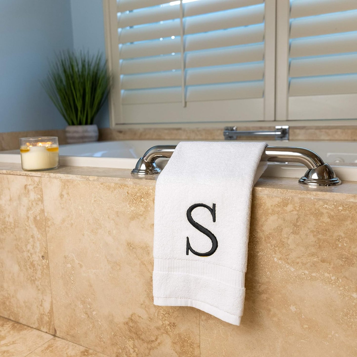 Dark Gray, Letter Hand Towel for Bathroom - Monogrammed Initial Hotel Quality Decorative Embroidered Towel for Powder Room, Spa - GOTS Organic Certified - Pack of 2, Letter S