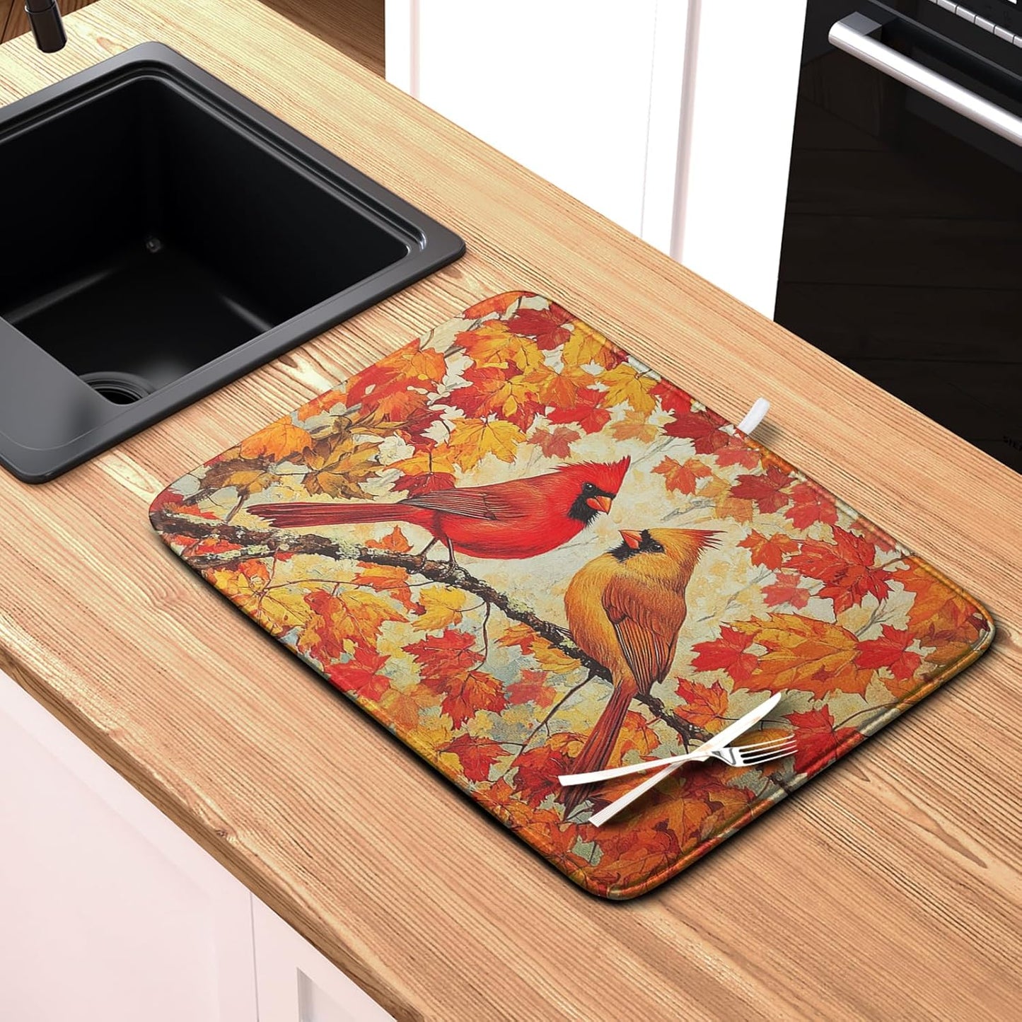 Fall Dish Drying Mats for Kitchen Counter Maple Leaf Cardinal Birds Dish Draining Mat 16x18 Inch Autumn Thanksgiving Dish Rack Mat Microfiber Absorbent Dish Drainer Pad