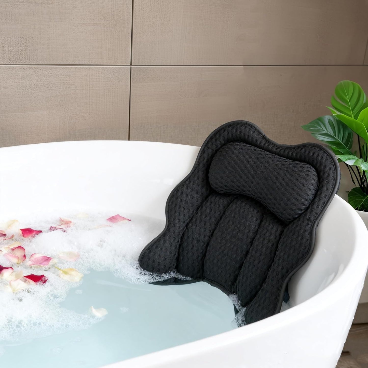 Bath Pillow for Tub, 4D Air Mesh Breathable Fabric, Soft Supportive Bathtub Cushion for Head Neck Back, Ergonomic Spa Pillow with Strong Suction Cups, Quick-Drying, Machine Washable (Black)