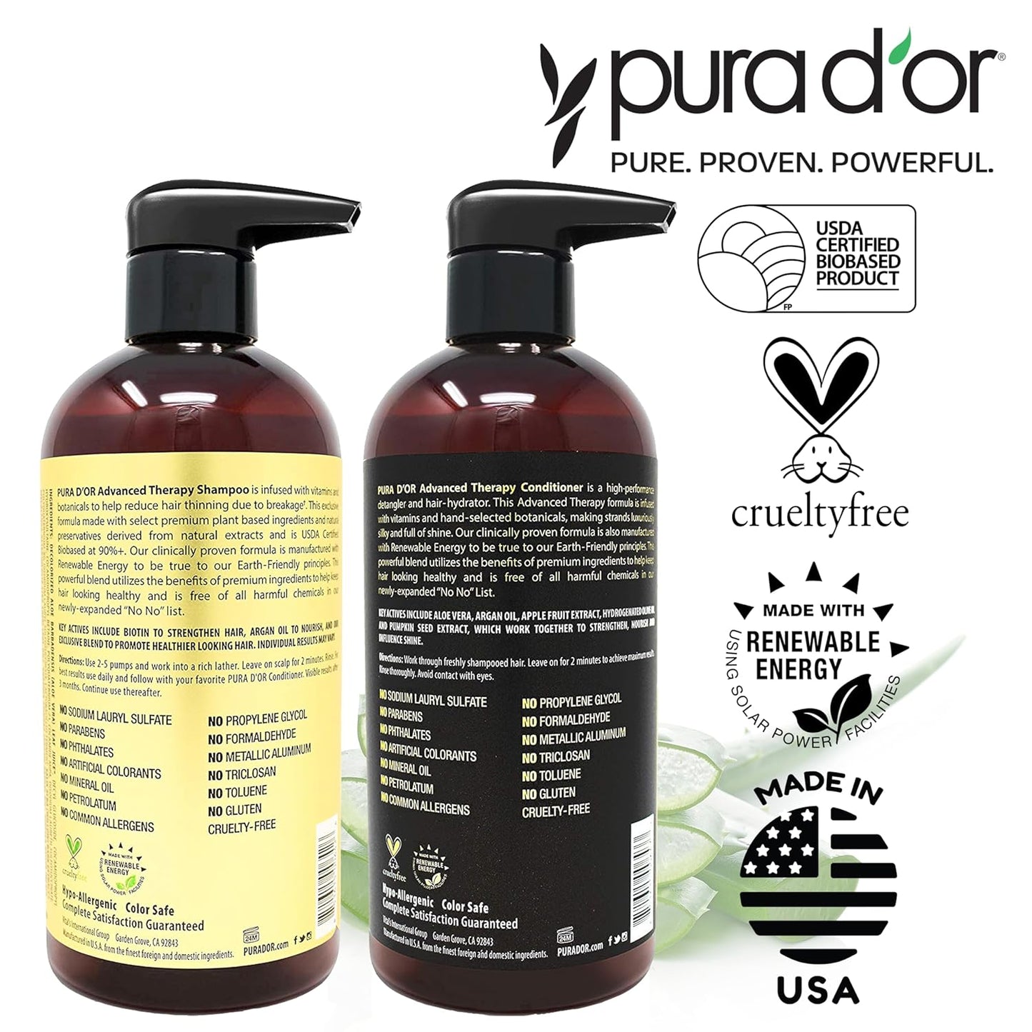 PURA D'OR Advanced Therapy Biotin Shampoo & Conditioner Hair Care Set For Hair Thinning, CLINICALLY TESTED Effective Results, Herbal Hair Thickening Products For Women & Men, 16oz x2