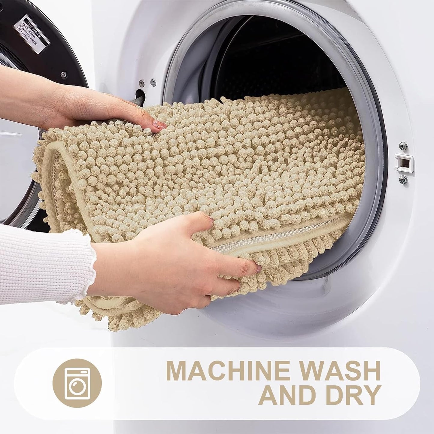 Grandaily Chenille Striped Bathroom Rugs 47x24, Extra Thick and Absorbent Bath Mats, Non-Slip Soft Plush Shaggy Shower Carpet, Machine Wash Dry, Bath Rug for Bathroom, Beige