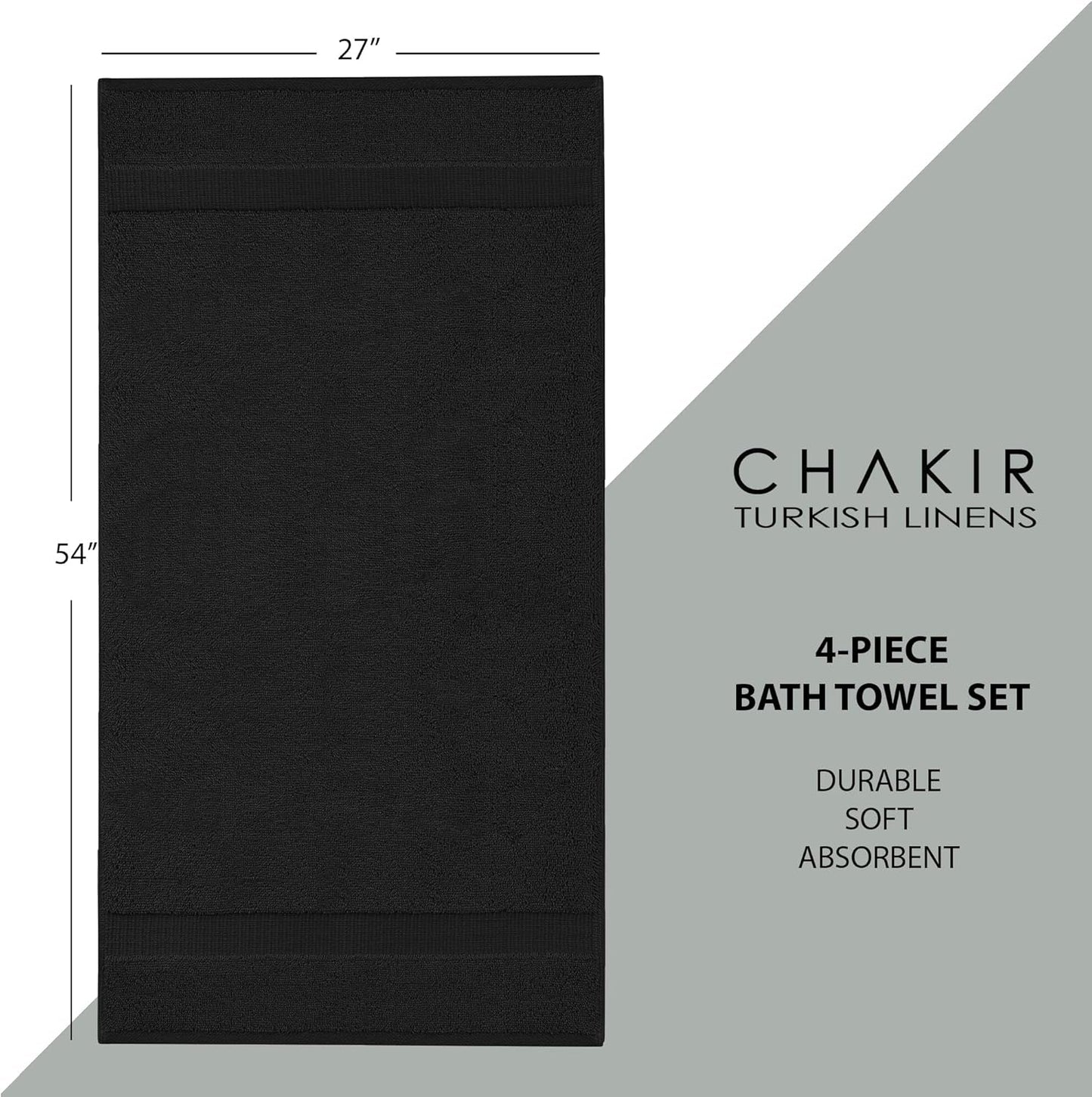 Chakir Turkish Linens | Hotel & Spa Quality 100% Cotton Premium Turkish Towels | Soft & Absorbent (4-Piece Bath Towels, Black)