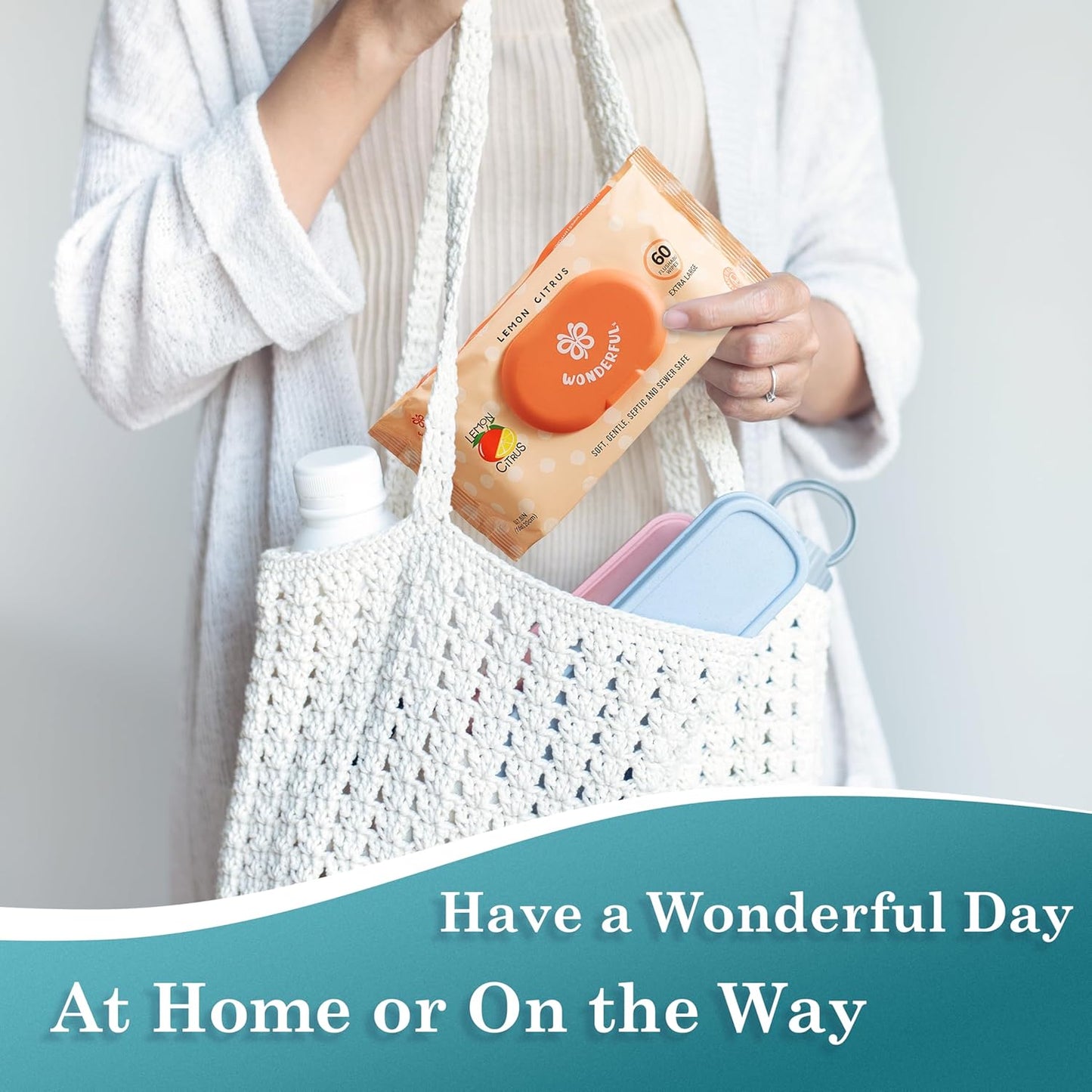 WONDERFUL Flushable Butt Wipes, Lemon Citrus 100% Plant-Based Wet Wipes for Adults & Kids; Sewer, Septic Safe; Gentle for Sensitive Skin, Wipes Flushable Pack for Bathroom & Travel, 1-Pack (60 Wipes)