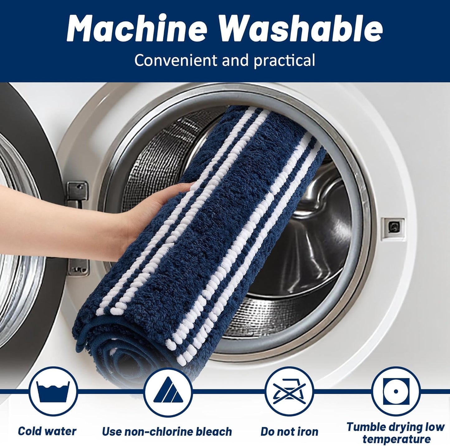 Bathroom Rugs 20x32 Extra Soft Absorbent Bath Mat Chenille Non Slip Shower Mat Rubber Backing Machine Washable Bath Mats for Bathroom Shaggy Blue Bath Rugs for Tub, Hallway