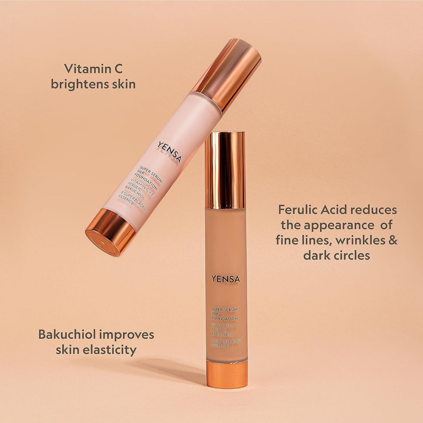 YENSA Serum Foundation Makeup - Super Silk Full Coverage Foundation Enriched with Peptides, Vitamin C & Ferulic Acid to Help Reduce Fine Lines, Wrinkles & Dark Circles - Tan 3 (1 oz)