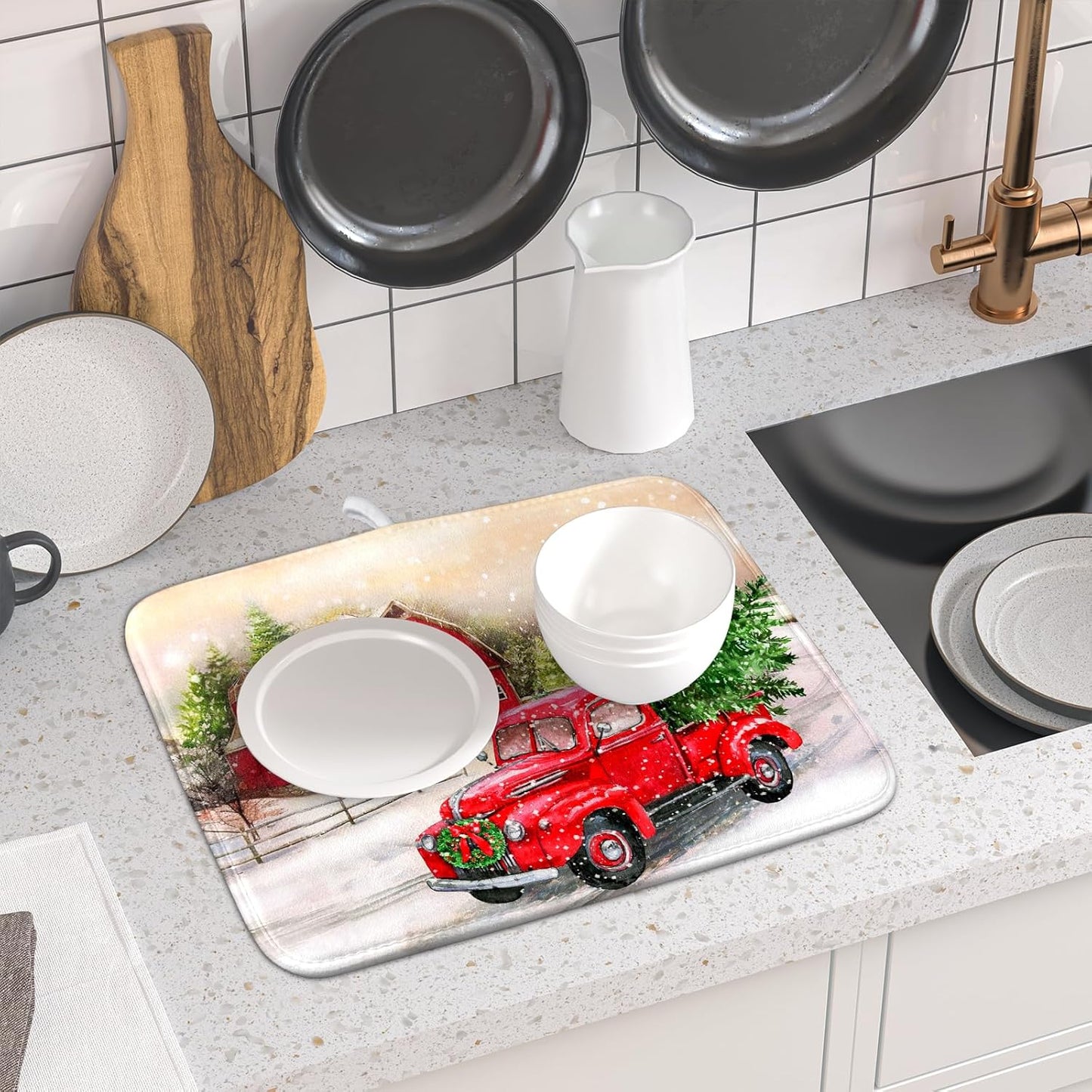Red Truck Dish Drying Mat Xmas Tree Dish Drainer Rack Mat Winter Microfiber Absorbent Drying Pad for Home Kitchen Counter Decor 16x18 Inch