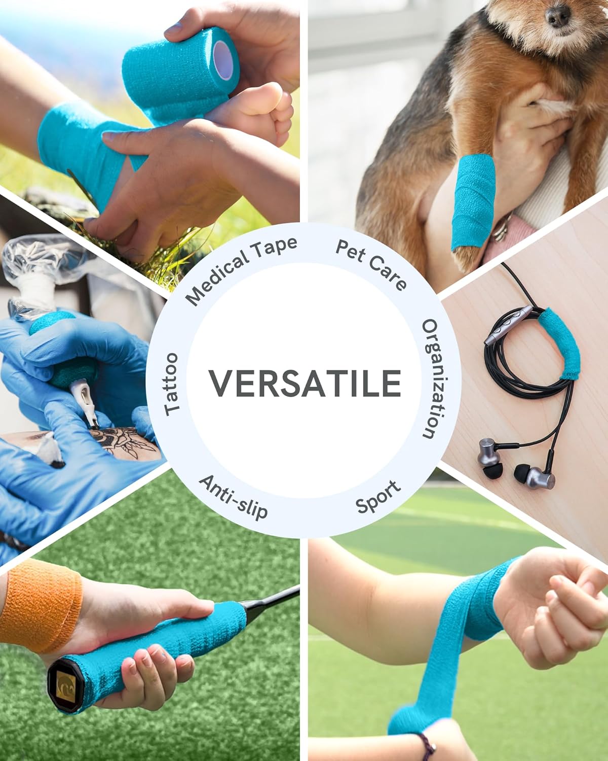 FriCARE Self Adhesive Bandage Wrap, Medical Tape in First Aid Kit, Cohesive Bandages for Wounds Sport Vet, 2 Inches X 5 Yards 6 Rolls, Cobalt Blue