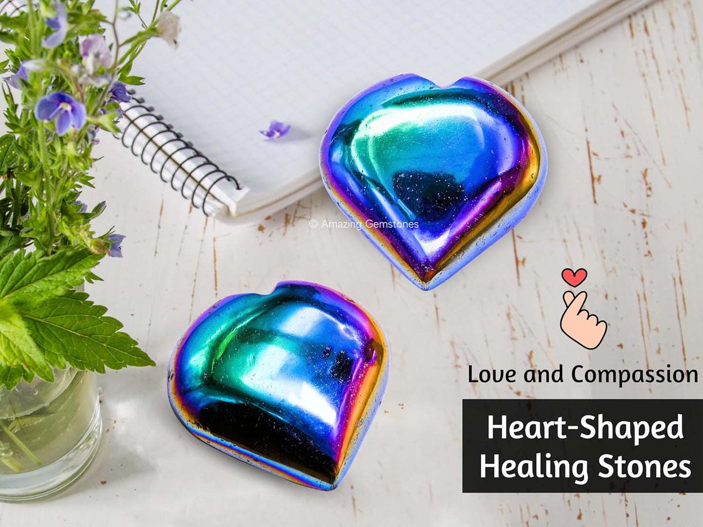 Amazing Gemstone Titanium Aura Quartz Crystal Heart Palm Stone - Pocket Massage Worry Stone for Natural Body Chakra Balancing, Reiki Healing and Crystal Grid