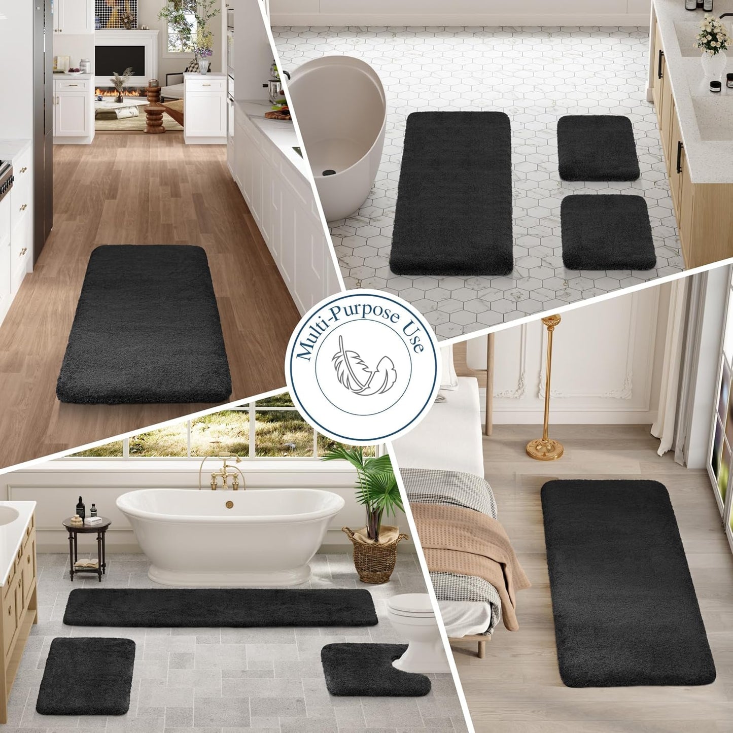 Walensee Large Bathroom Rug (24 x 72, Black) Extra Soft and Absorbent Shaggy Bath Mat Machine Washable Microfiber Non Slip Luxury Floor Mat