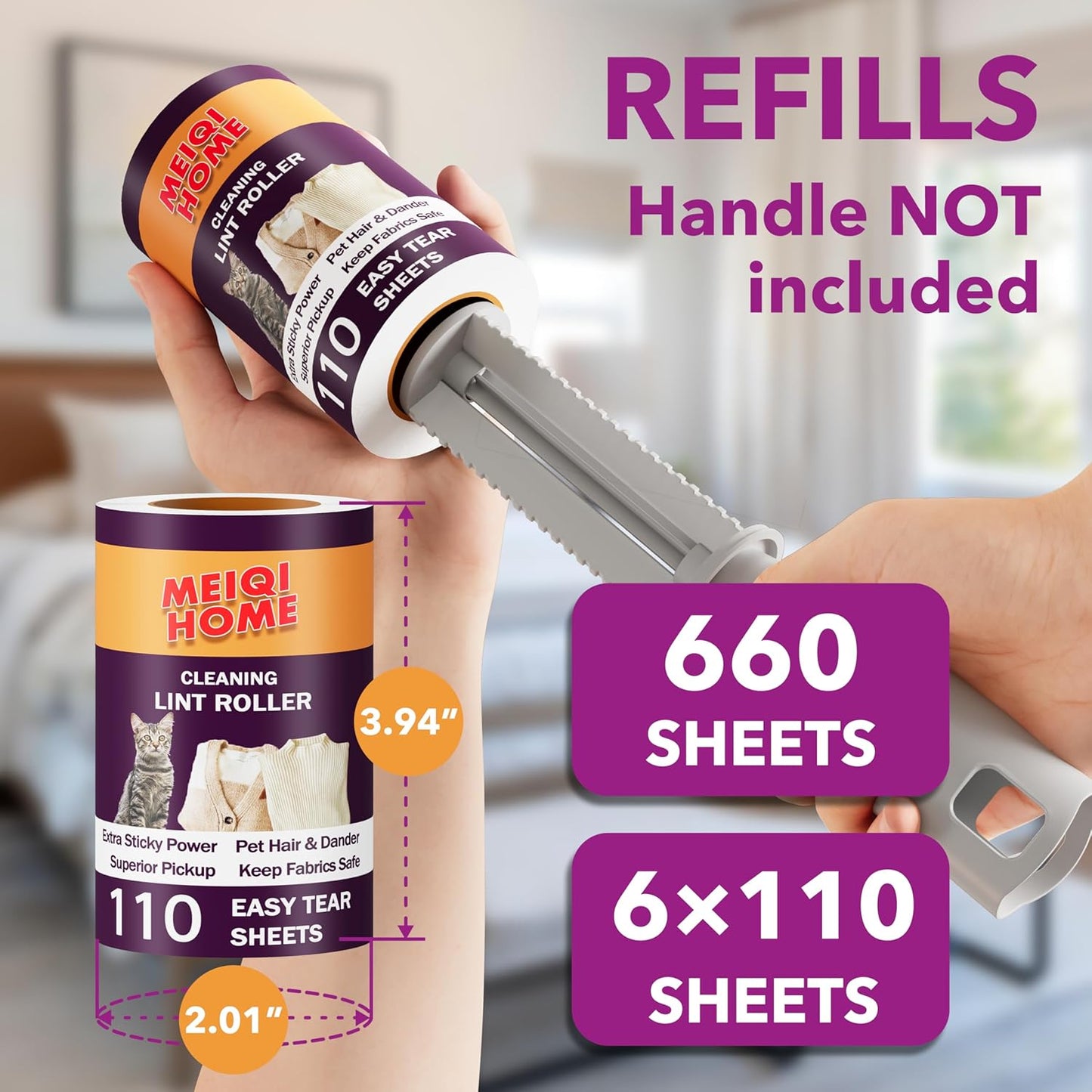 Extra Sticky Lint Roller Refills Only, 660 Easy-Tear Sheets for 3.9"-4" Lint Rollers with 1.5" Inner Diameter - Superior Cleanliness for Clothes