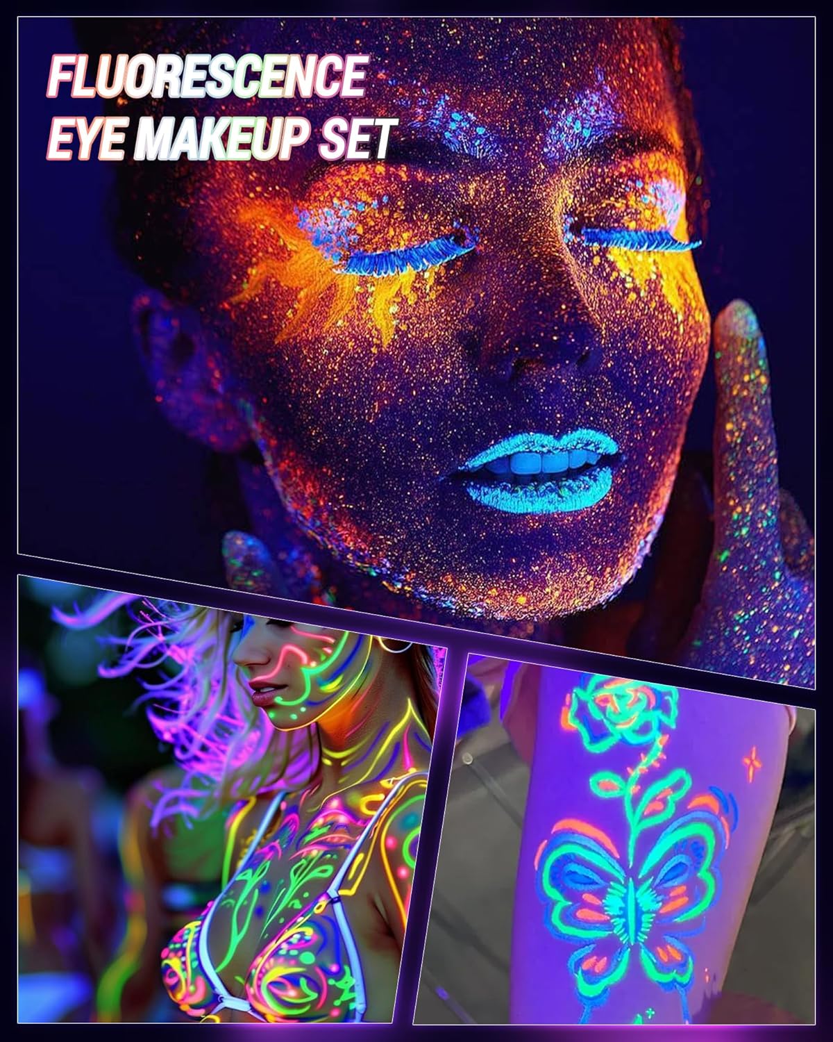 UV Neon Orange Mascara & Eyeliner Set, Waterproof Volumizing Colored Mascara Volume and Length for Lashes Lengthening, Long Lasting Glitter Liquid Eyeliner Pencil, Halloween Glow in the Dark Makeup-04