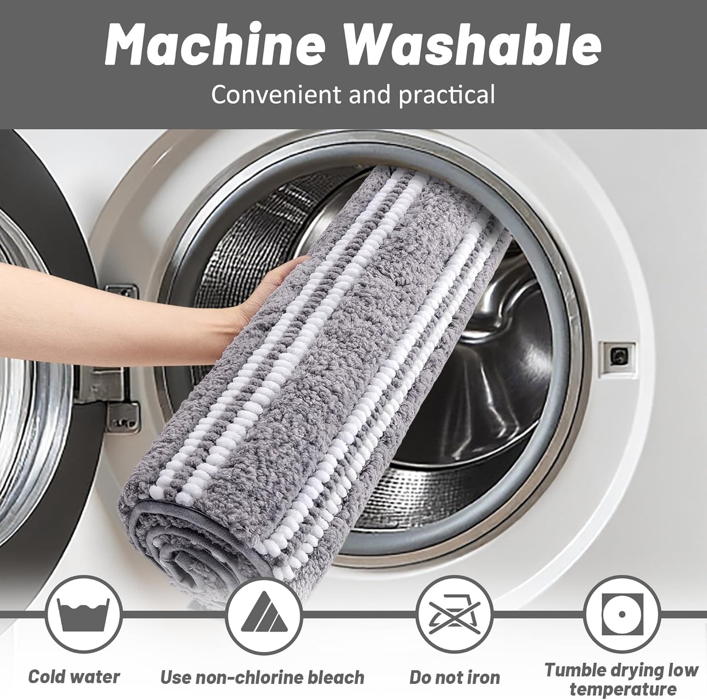 Bathroom Rugs 17x24 Extra Soft Absorbent Bath Mat Chenille Non Slip Shower Mat Rubber Backing Machine Washable Bath Mats for Bathroom Shaggy Grey Bath Rugs for Tub, Hallway