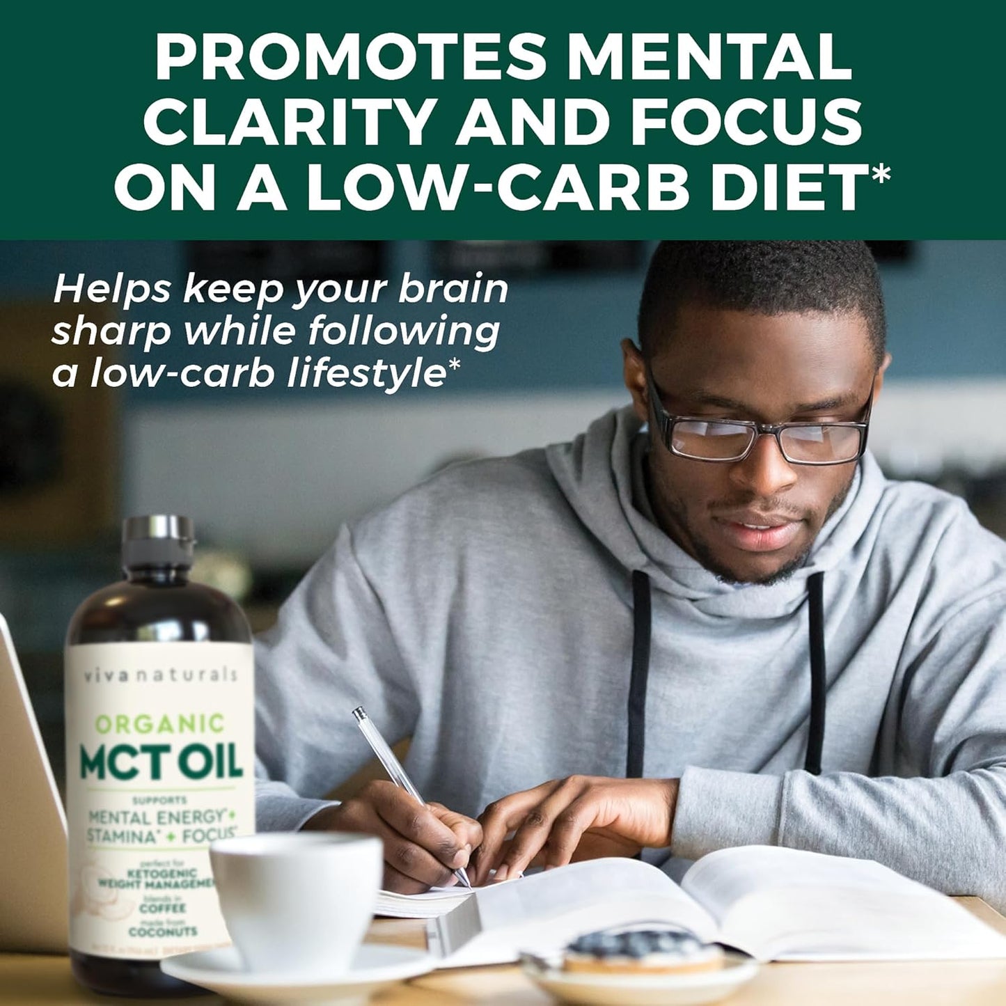 Viva Naturals Organic MCT Oil 32 fl oz - Best MCT Oil Organic for Coffee, MCT Coconut Oil Supports Energy & Mental Clarity, USDA Organic, Non-GMO, Paleo & Keto Certified, MCT Wellness