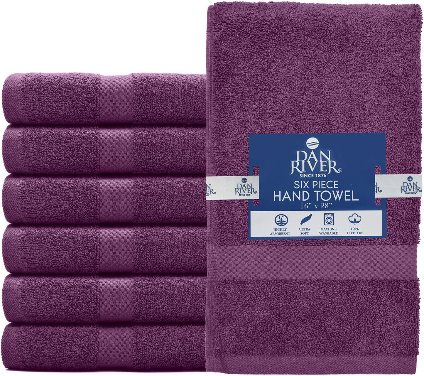 DAN RIVER 6-Pack Premium Hand Towels (16x28 Inches) - 100% Cotton, Ultra Soft, Lightweight, Highly Absorbent Towels for Bathroom, Spa, Gym, Salon, Hotel, and Travel - 550 GSM โ Purple Passion