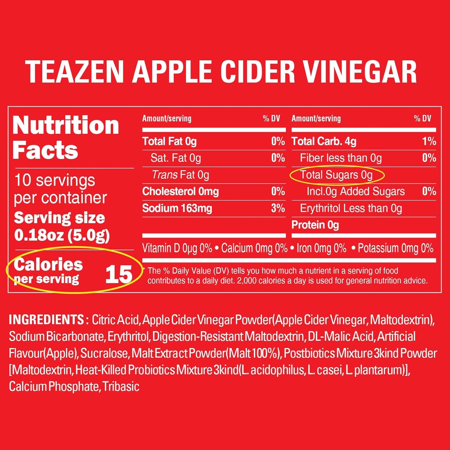 TEAZEN Apple Cider Vinegar Drink Powder Stick – On-the-Go Wellness with 1500mg ACV, Sugar-Free, Postbiotics, 10 Sticks | Supports Digestion & Metabolism
